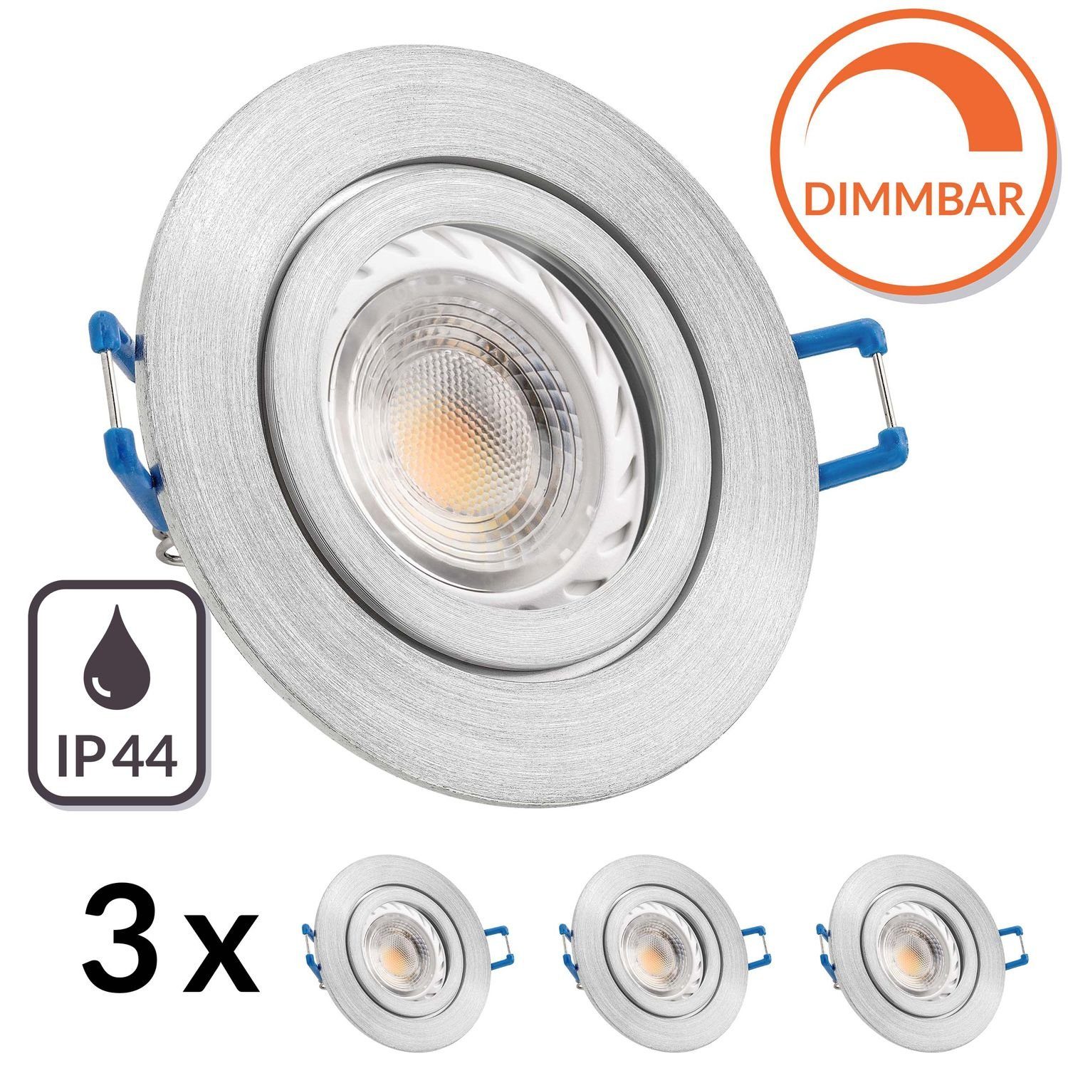 LEDANDO LED Einbaustrahler 3er IP44 LED Einbaustrahler Set GU10 in aluminium matt mit 5,5W LED vo