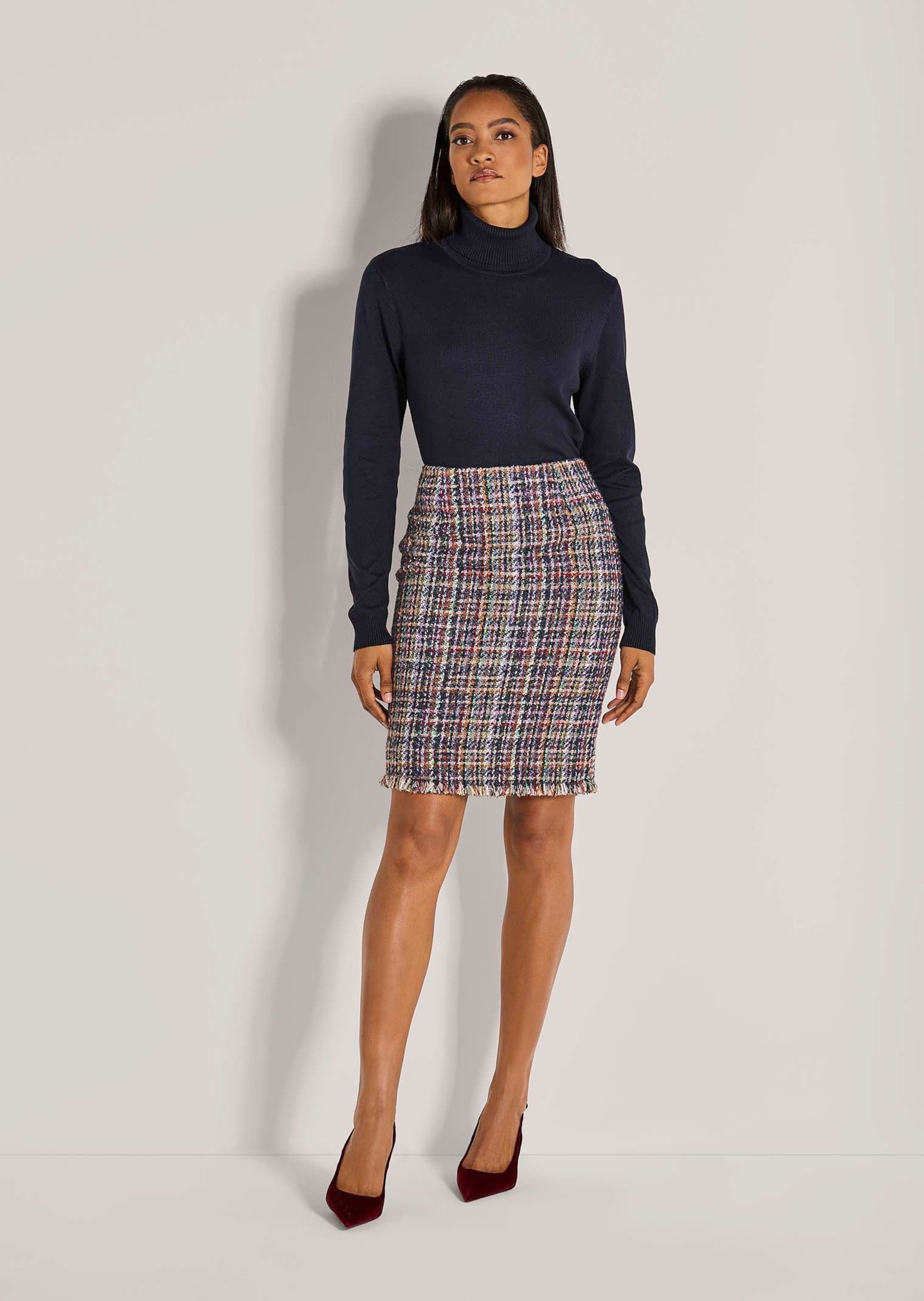 MADELEINE Midirock Bundloser Tweed-Bleistiftrock Mit gefranster Saumkante u günstig online kaufen