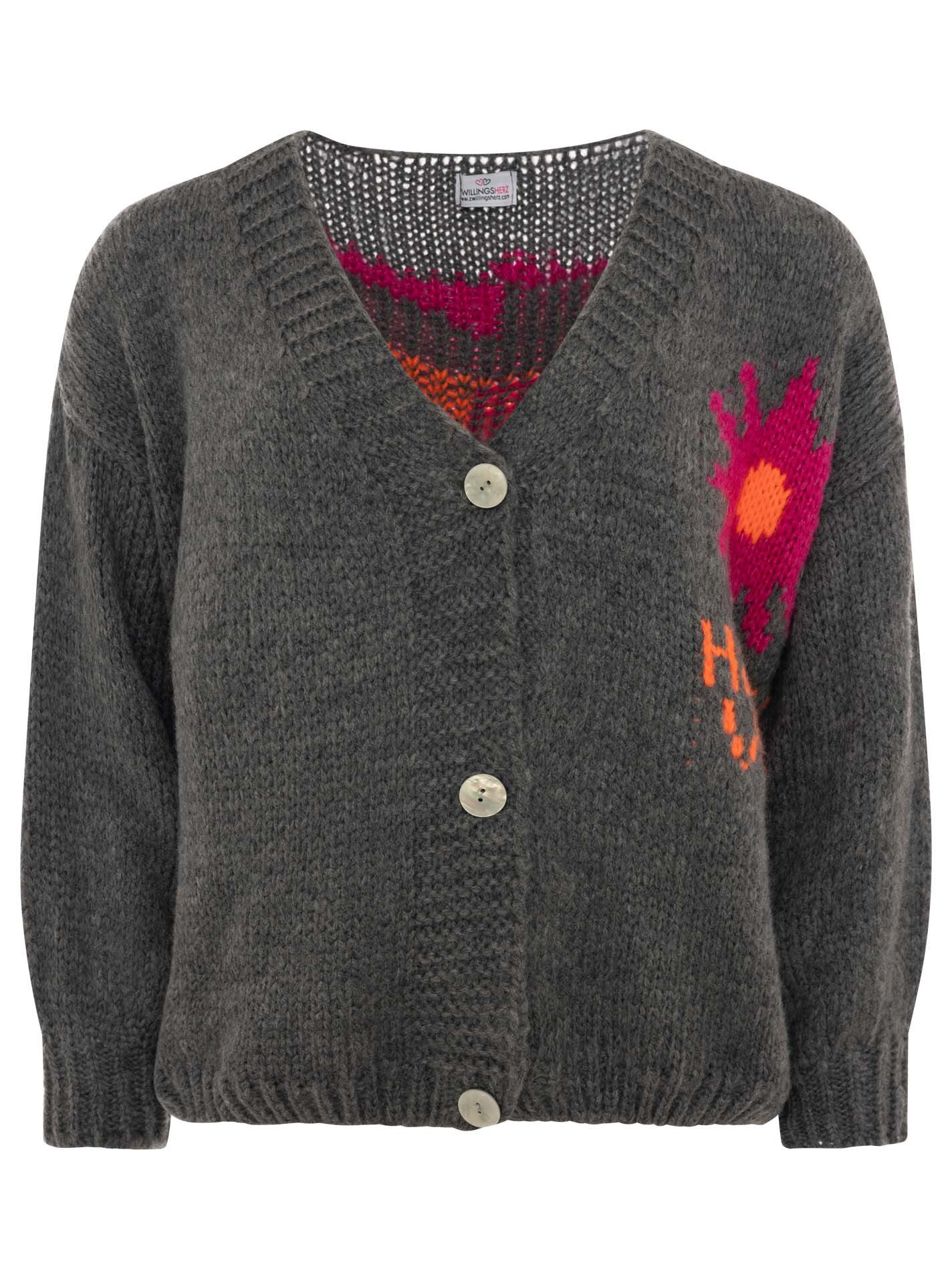 Zwillingsherz Cardigan "Happy Vibes" Knopfleiste, großes Motiv mit Blume und Schrift hinten, One Size