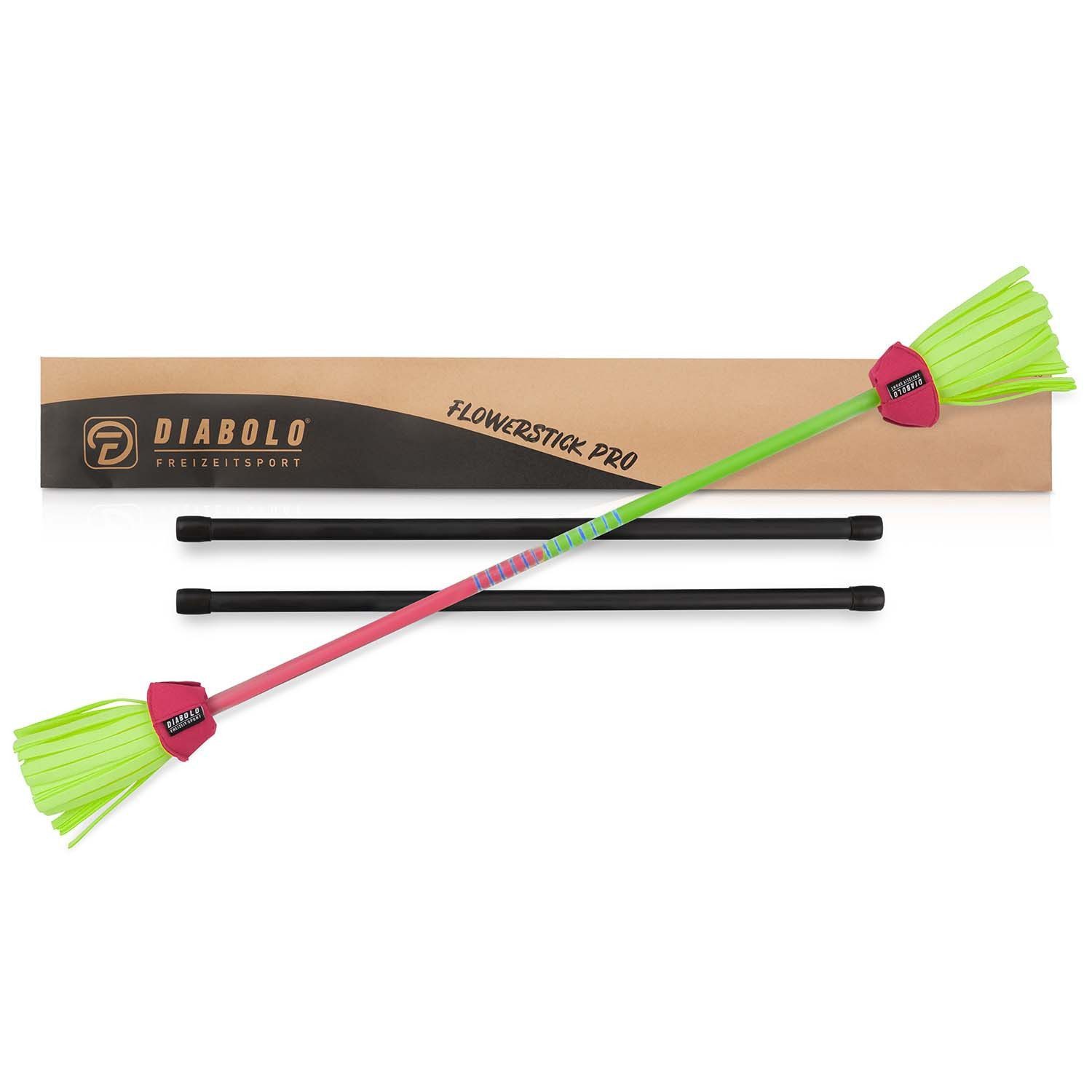 Diabolo Freizeitsport Spiel Flowerstick Basic UV reaktiver Flower Stick mit 2 Glasfaser Handstäben, Jonglage, inkl. zwei Handstäben aus Fiberglass in einer Geschenkverpackung