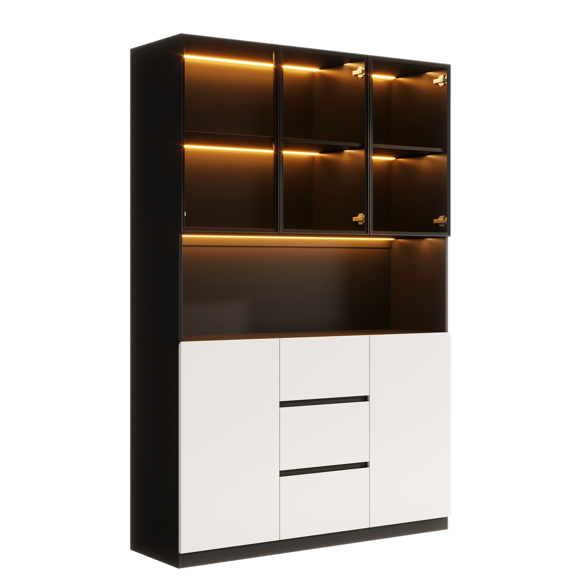Flieks Küchenbuffet Hochschrank mit LED-Beleuchtung, Glastüren und 3 Schubladen (1-St., B120×T40×H200 cm) Glasvitrine Küchenschrank Mehrzweckschrank mit Arbeitsplatte