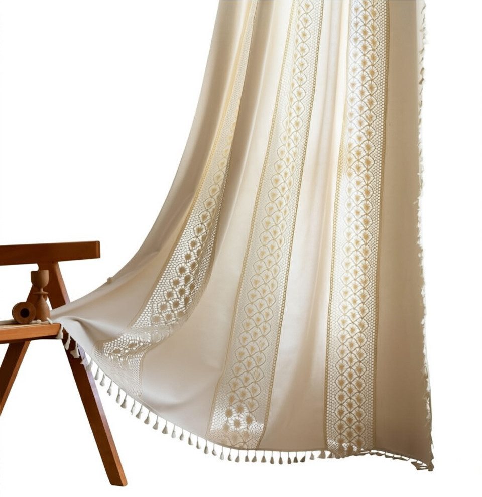Diwzbyn Vorhang Boho-Vorhänge, beige Lochmuster-Gardine, Vintage-Landhausstil-Vorhänge, Fransen-Vorhänge