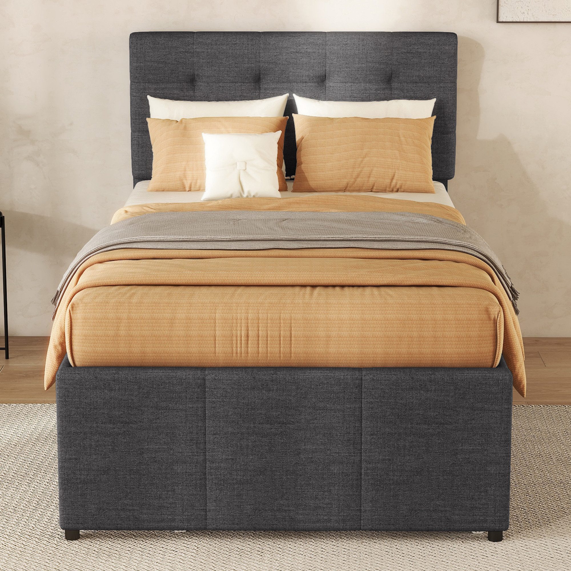Rutaqian Ausziehbett Polsterbett, 90x200cm, Ausziehbares Rollbett, Verstellbares Kopfteil