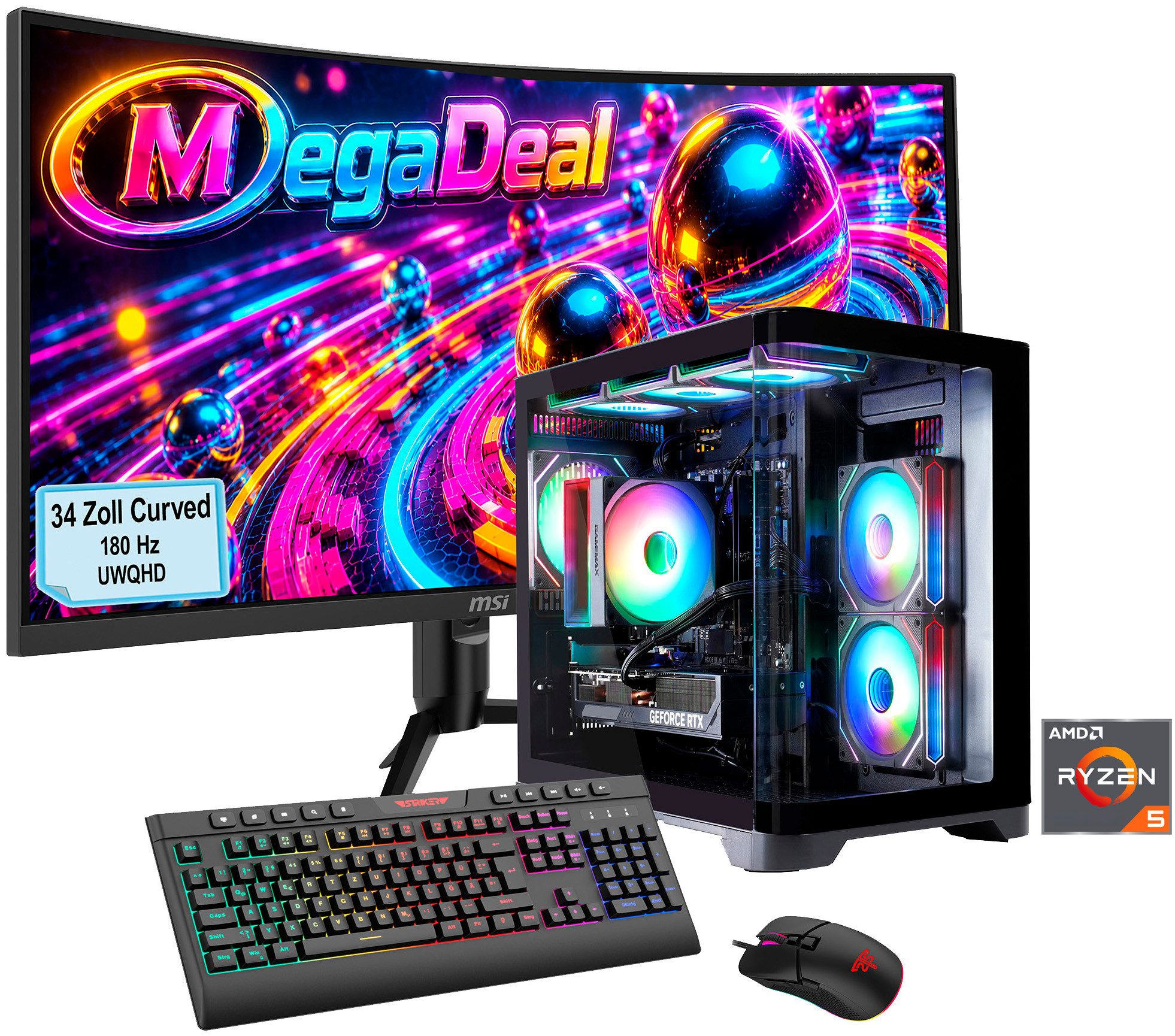 GAMEMAX MegaDeal HYPE-M BK 2836 AMD Ryzen 5 9600X 16GB DDR5 1TB SSD RTX 5060Ti Gaming-PC-Komplettsystem (34", AMD Ryzen 5 9600X, RTX 5060 Ti, 16 GB RAM, 1000 GB SSD, Windows 11, DDR5 RAM + MSI MAG 342CQR E2 Curved Monitor 86cm (34)