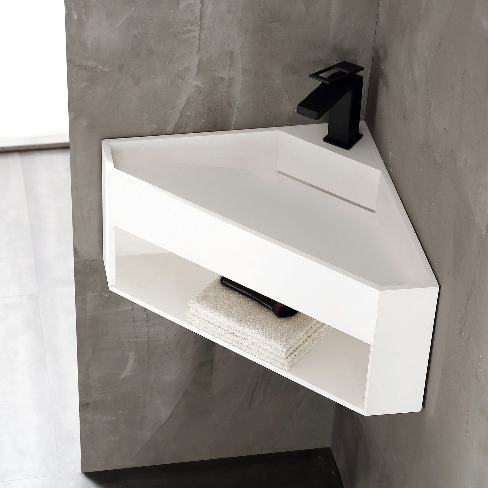 Bernstein Waschtisch TWG70 50cm Weiß matt, Eckwaschbecken mit Ablagefach und Ablaufrinne