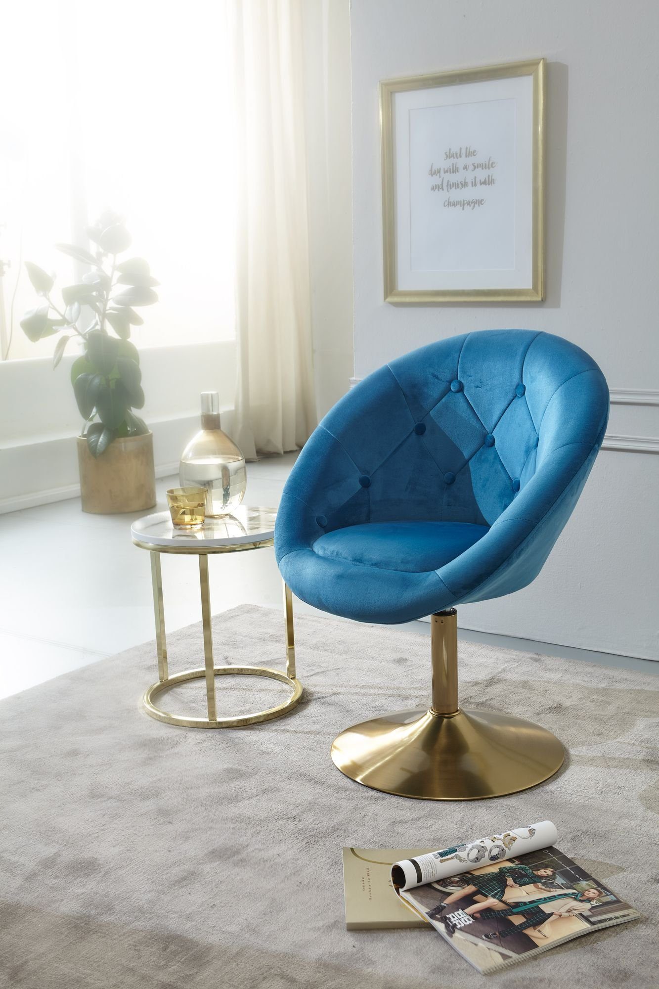 Blau Blau mit Drehstuhl (Samt Lounge, Design Polsterstuhl FINEBUY / Gold | Loungesessel Relaxsessel Rückenlehne), FB24204 Blau Clubsessel