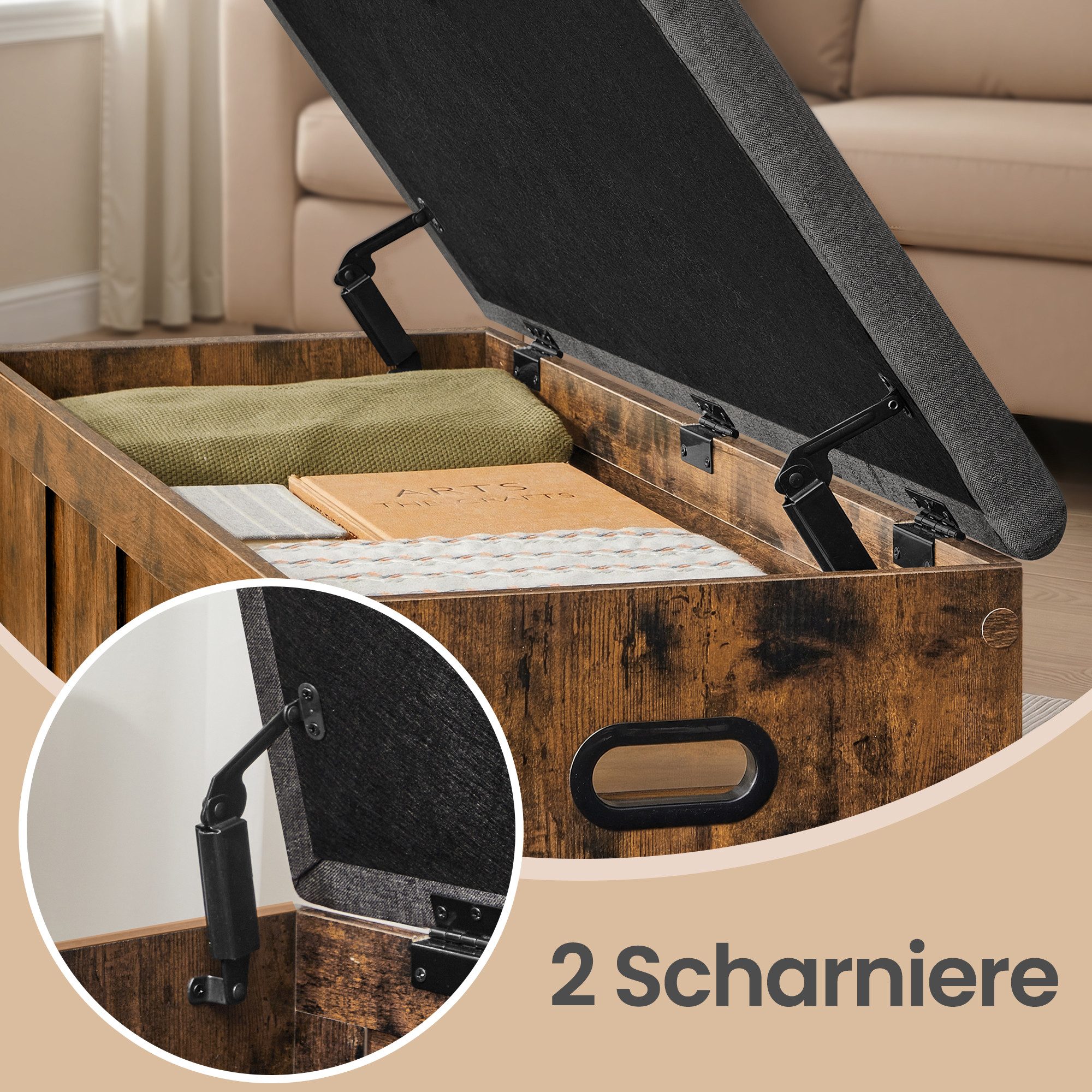 VASAGLE Schuhbank Truhe Schuhbank mit Stauraum, 41 x 101 x 49 cm, für Flur, Schlafzimmer, mit Deckel, Landhausstil – Bild 4 von 5