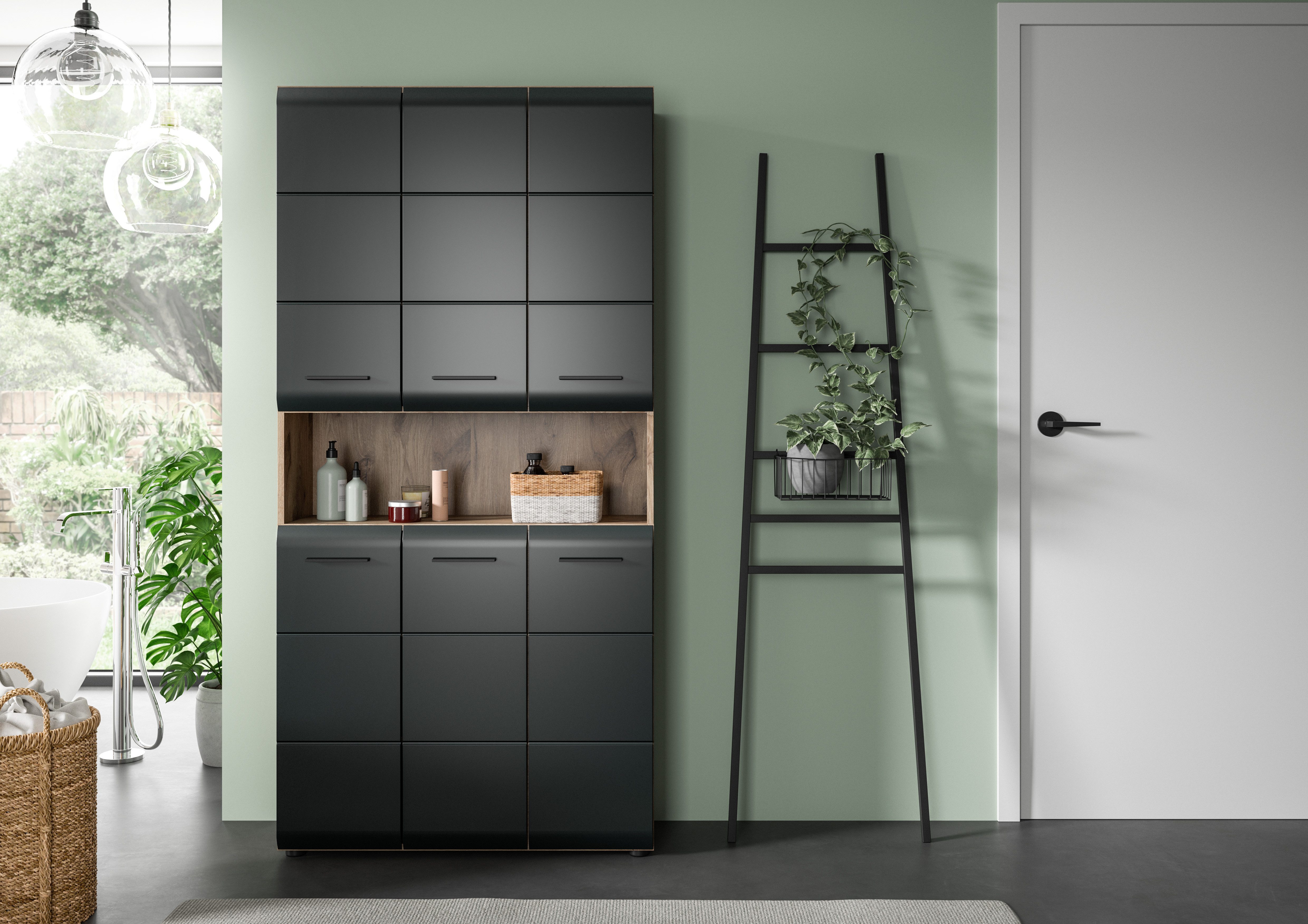 welltime Stauraumschrank FLORENZ, Höhe 185 cm, 4 oder 6 Türen, viel Stauraum (1-St., TOPSELLER) hochwertige MDF Front, Griff schwarz, Badschrank, Bad – Bild 5 von 5