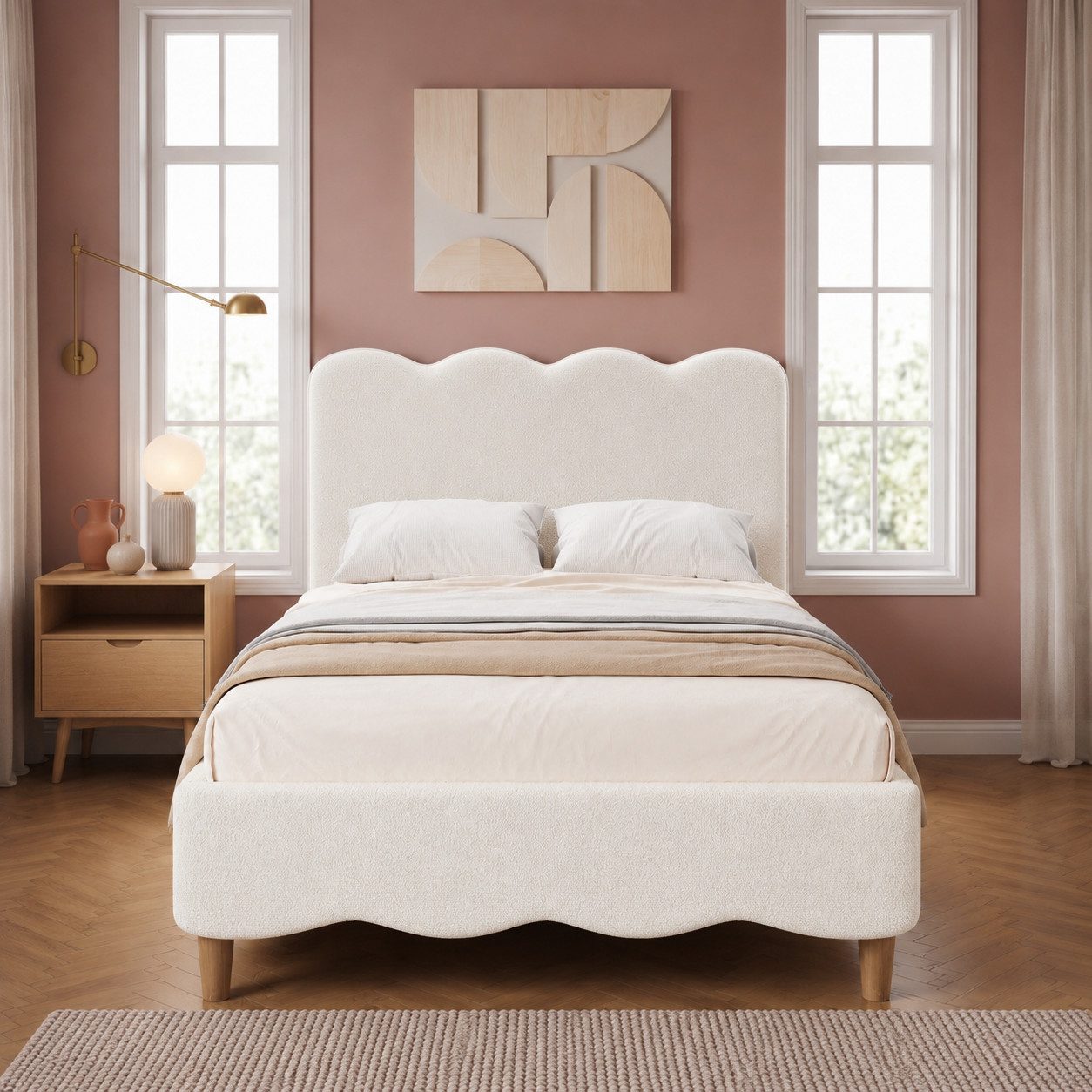 HAUSS SPOLE Polsterbett 90x200 Kinderbett mit Lattenrost,Einzelbett Bouclé mit Kopfteil,Weiß (Einzelbett in Bouclé-Optik mit Massivholzbeinen, ohne Matratze), Jugendbett Funktionbett mit Lattenrost und Kopfteil