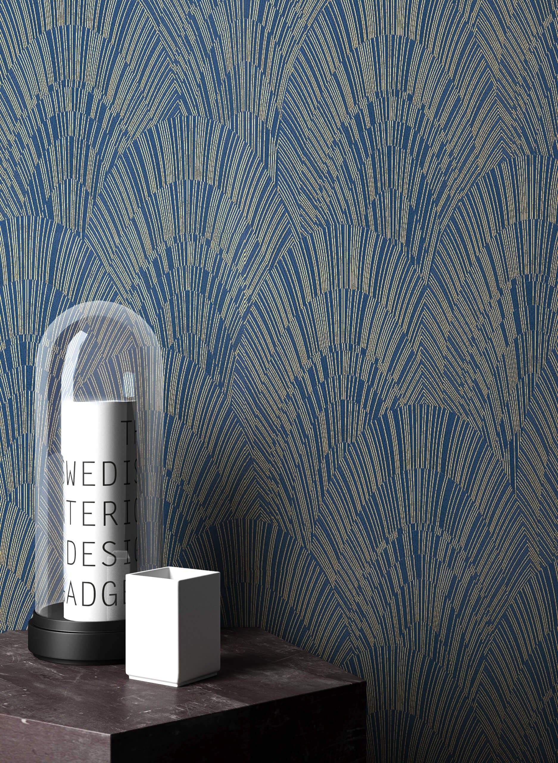 Newroom Vliestapete, Blau Tapete Grafisch Leicht Glänzend - Mustertapete Grafiktapete Gold Geometrisch Modern Pfauenfeder Ornamente für Wohnzimmer Schlafzimmer Küche