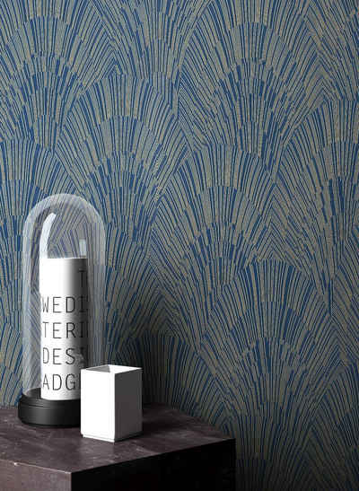 Newroom Vliestapete, Blau Tapete Grafisch Leicht Glänzend - Mustertapete Grafiktapete Gold Geometrisch Modern Pfauenfeder Ornamente für Wohnzimmer Schlafzimmer Küche