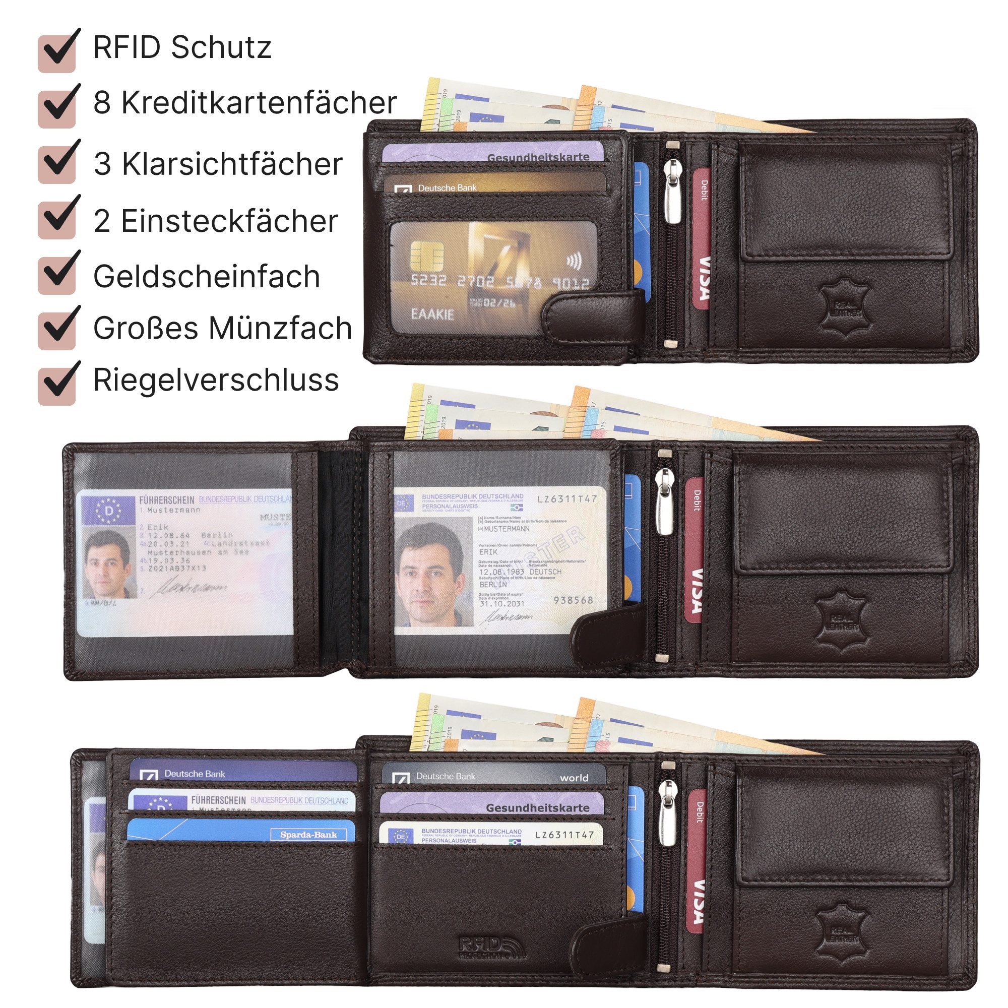 EAAKIE Geldbörse RFID echt Leder Portemonnaie Geldbörse Herren Rindleder, RFID Schutz
