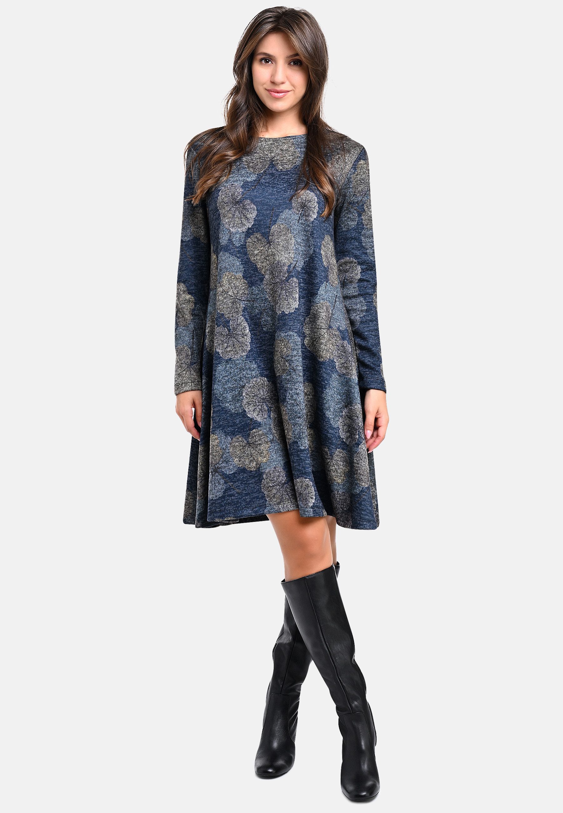 BICALLA Midikleid Kleid mit Ginko-Print in Blau/Grau (1-tlg)