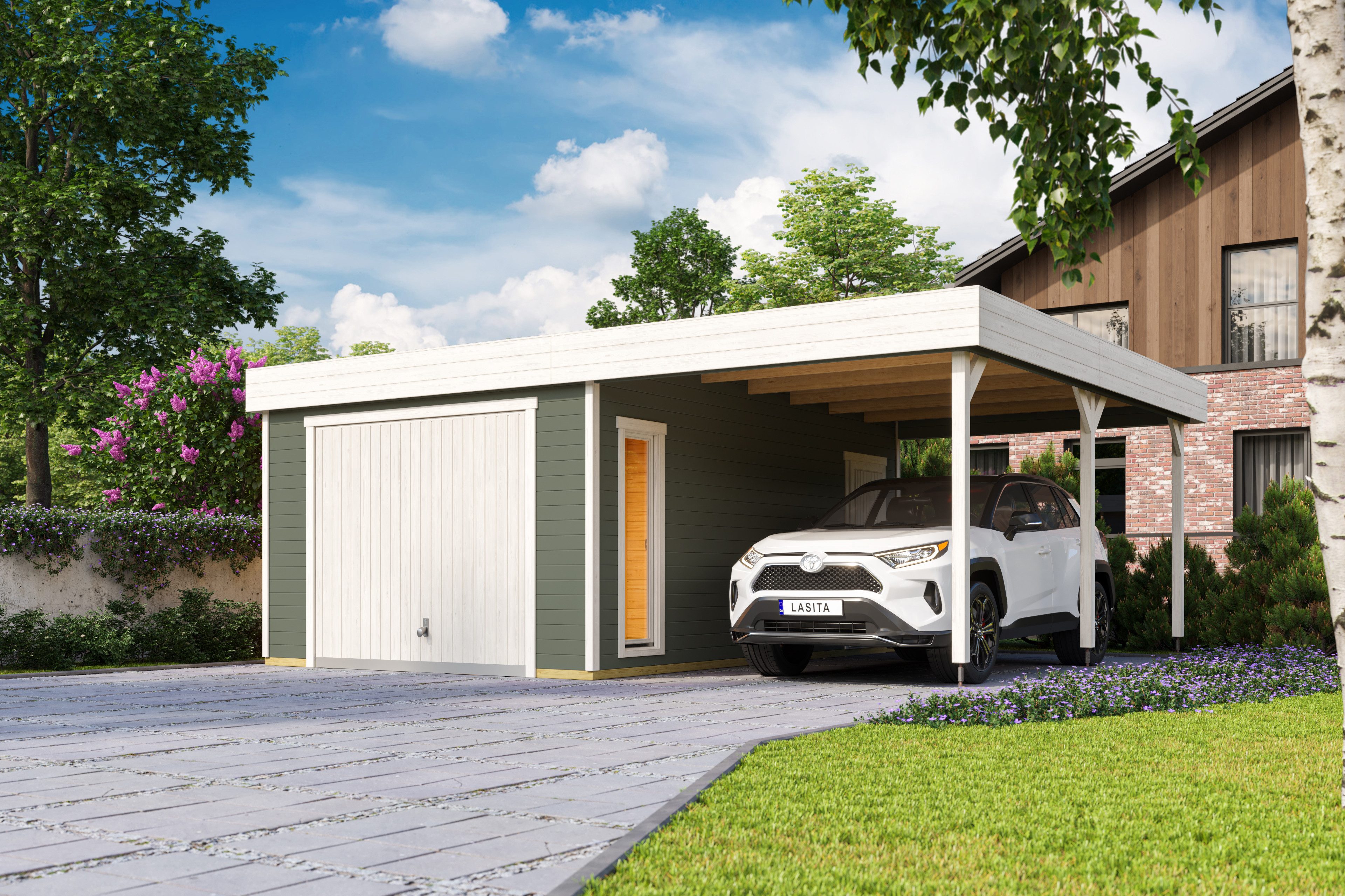 Nordic Holz Garage BAHAMAS, BxT: 680x560 cm, 207 cm Einfahrtshöhe, mit Schwingtor