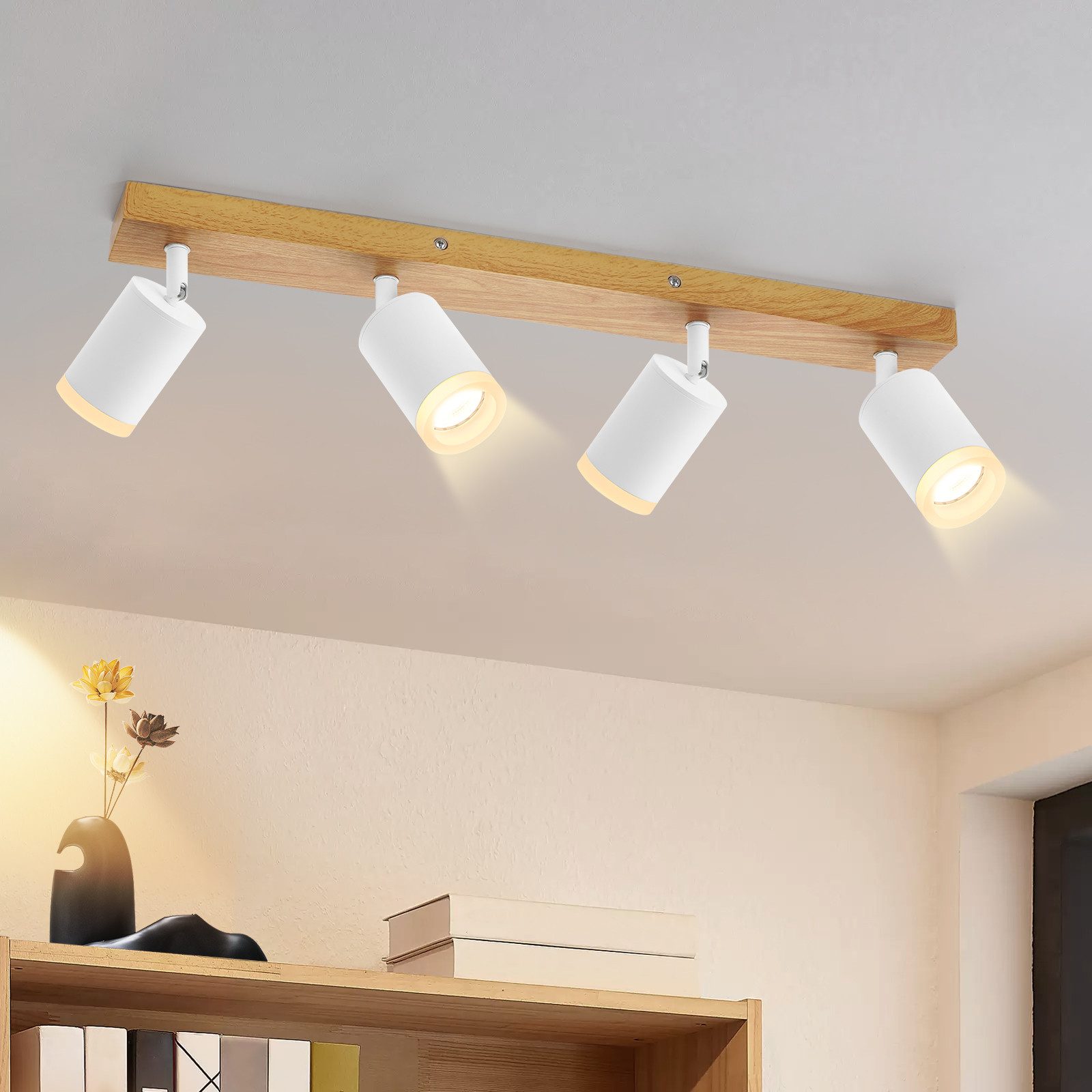 ZMH LED Deckenstrahler 2/3/4 Flammig GU10 Holz-Acryl Deckenleuchte 350° Drehbar Wohnzimmer, Einfache Installation, ohne Leuchtmittel, 2 Installationsmethoden(Decken/Wandmontage) Vintage Flur