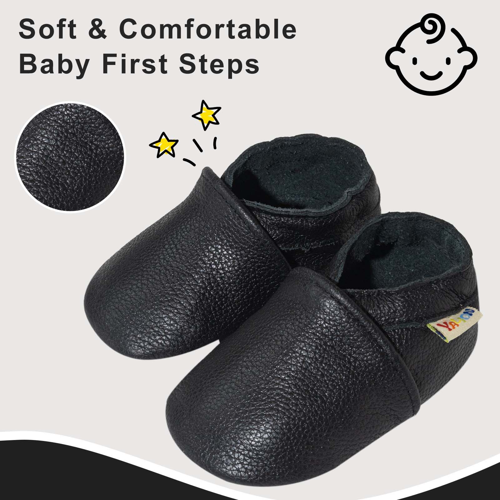 Yalion Baby Schwarz Leder Lauflernschuhe Babyschuhe Jungen Mädchen Baby Krabbelschuh (1-tlg) Baby Schuh aus echtem Leder,Barfußgefühl & rutschfester Sohle