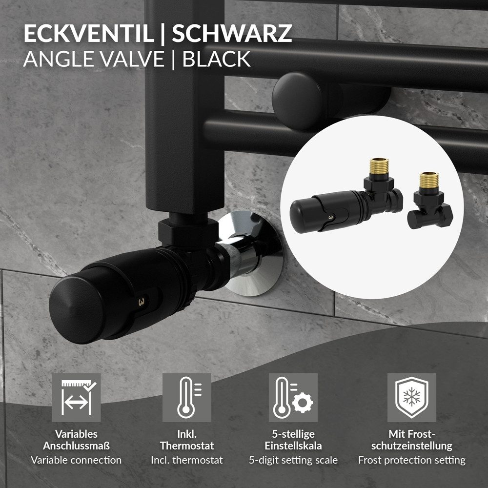 LuxeBath Heizkörperthermostat Thermostatventil + Rücklaufverschraubung Flüssigfühler für Heizkörper, Heizkörperventil Komplett-Set Thermostatkopf 1/2" Eckform Ventil