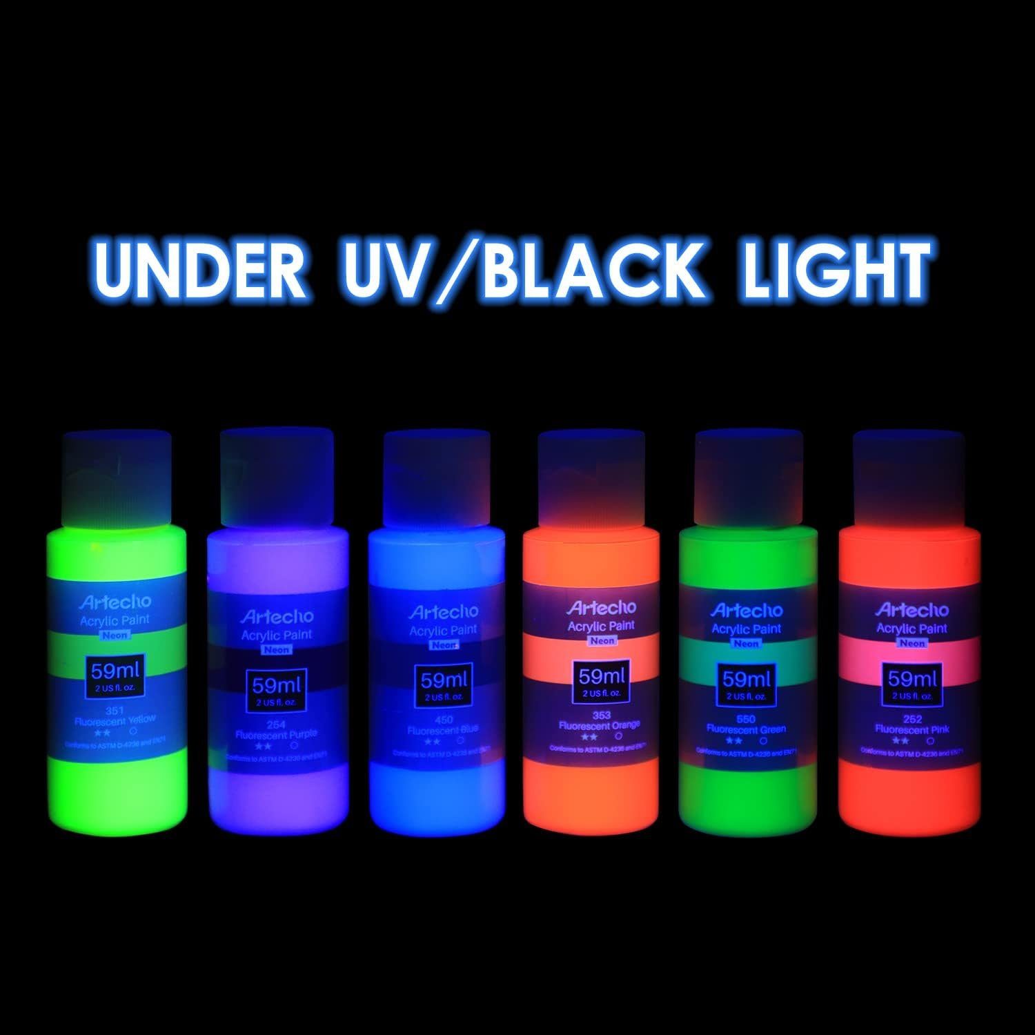 Artecho Acrylfarbe Neon Set 6 x 59 ml – Leuchtende, unter Schwarzlicht fluoreszierende, für Papier, Ton, Holz- Perfekt für kreative Malerei,Party & Halloween