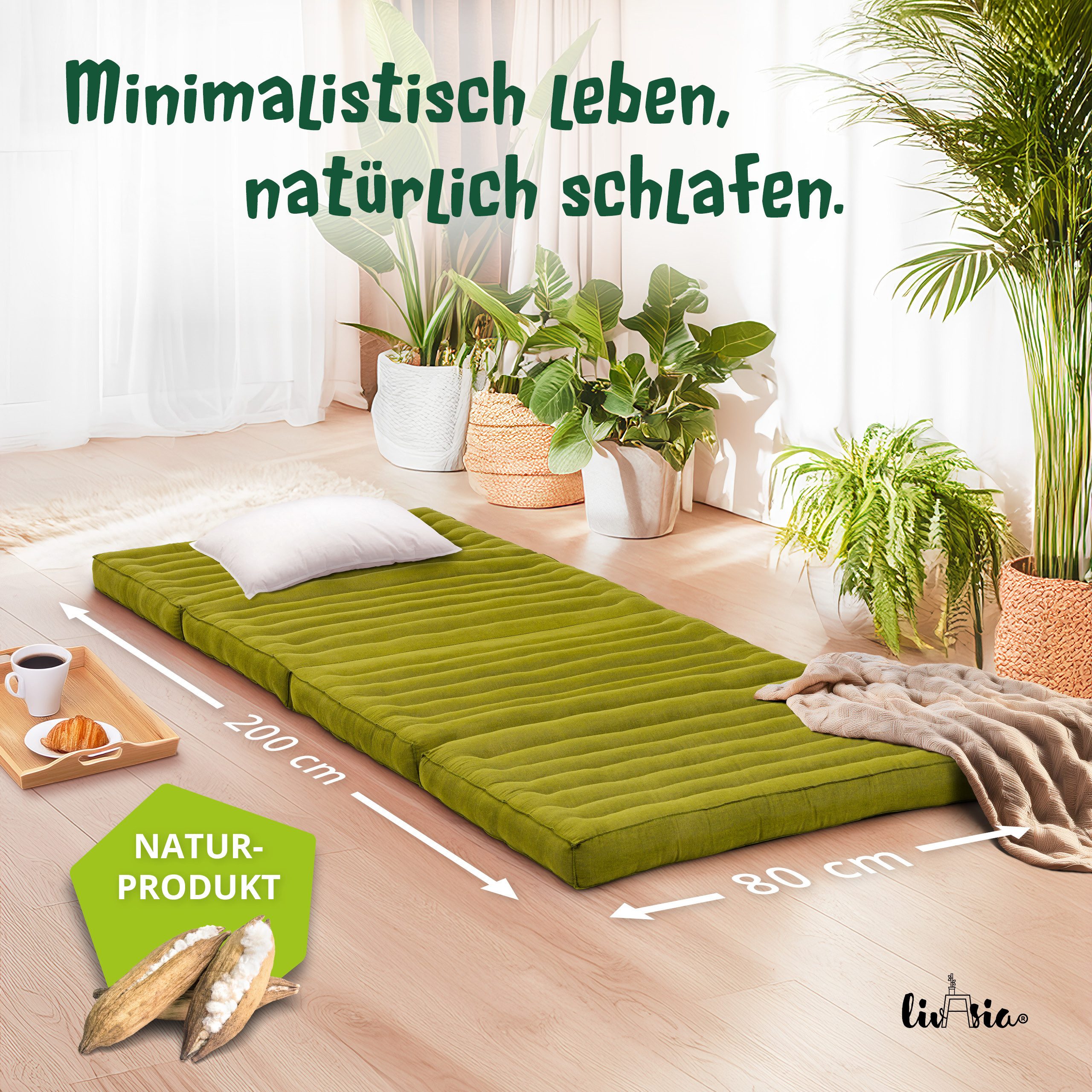 Klappmatratze Klappmatratze 80 cm (Basic) vegan und handgefertigt, 200x80x8cm, livasia, 8,00 cm hoch, Kapok
