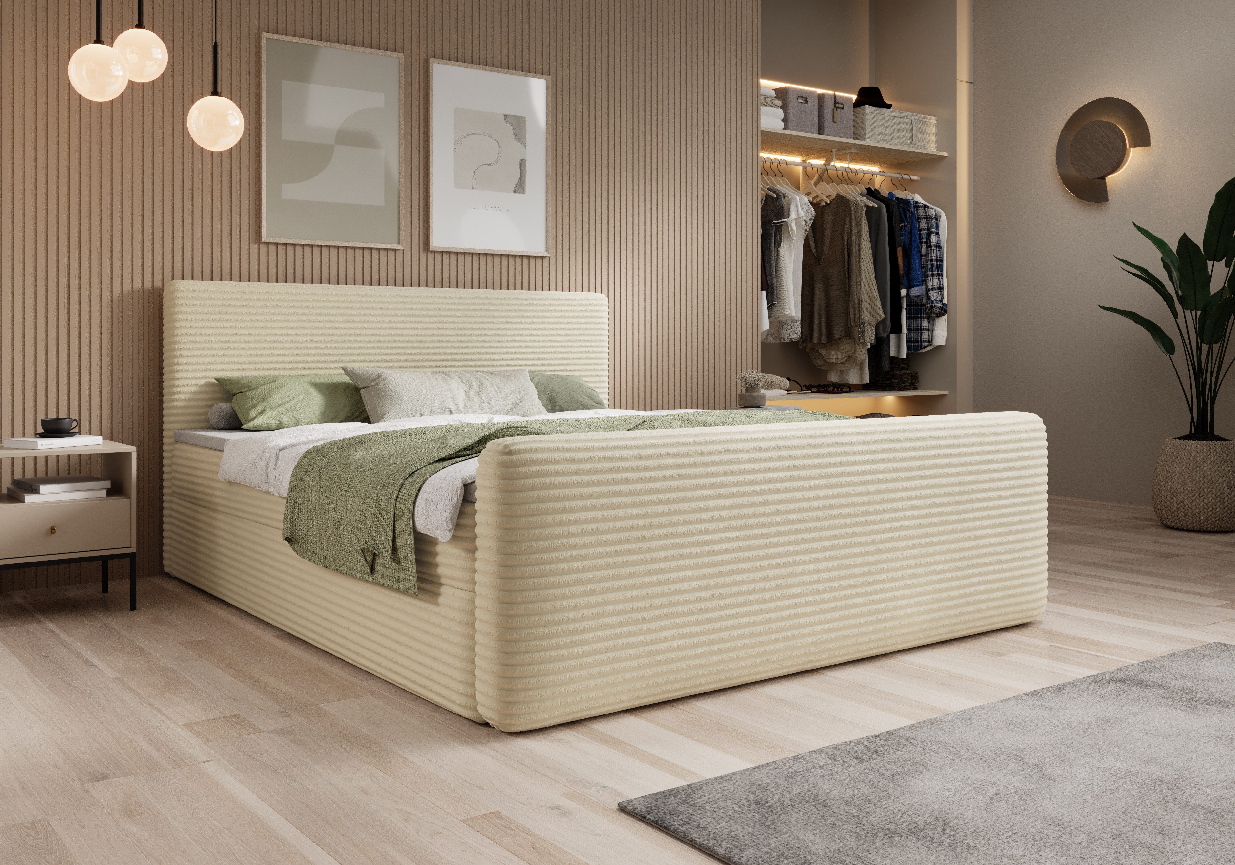 thematys Boxspringbett mit Bettkasten 140x200–200x200 cm – aus hochwertigen Cord Stoff (Doppelbett mit Stauraum, Polsterbett inkl. Matratze H3 & 3 cm Topper)