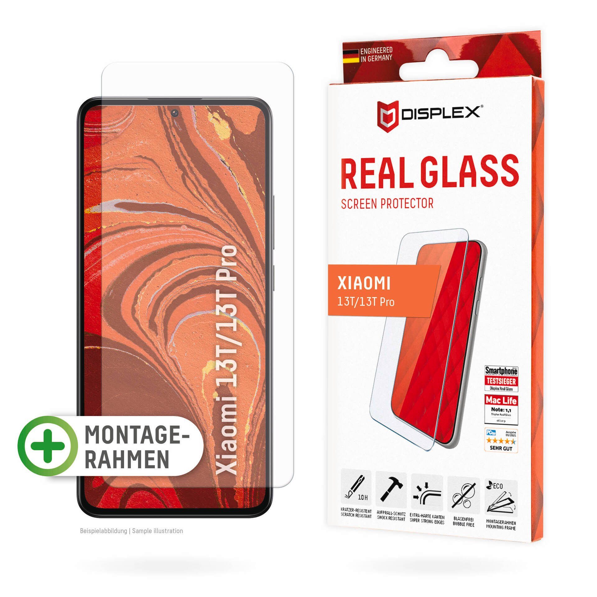 Displex Displayschutzglas Real Glass für Xiaomi 13T, Xiaomi 13T Pro, Displayschutzfolie Displayschutz kratzer-resistent 10H splitterfest