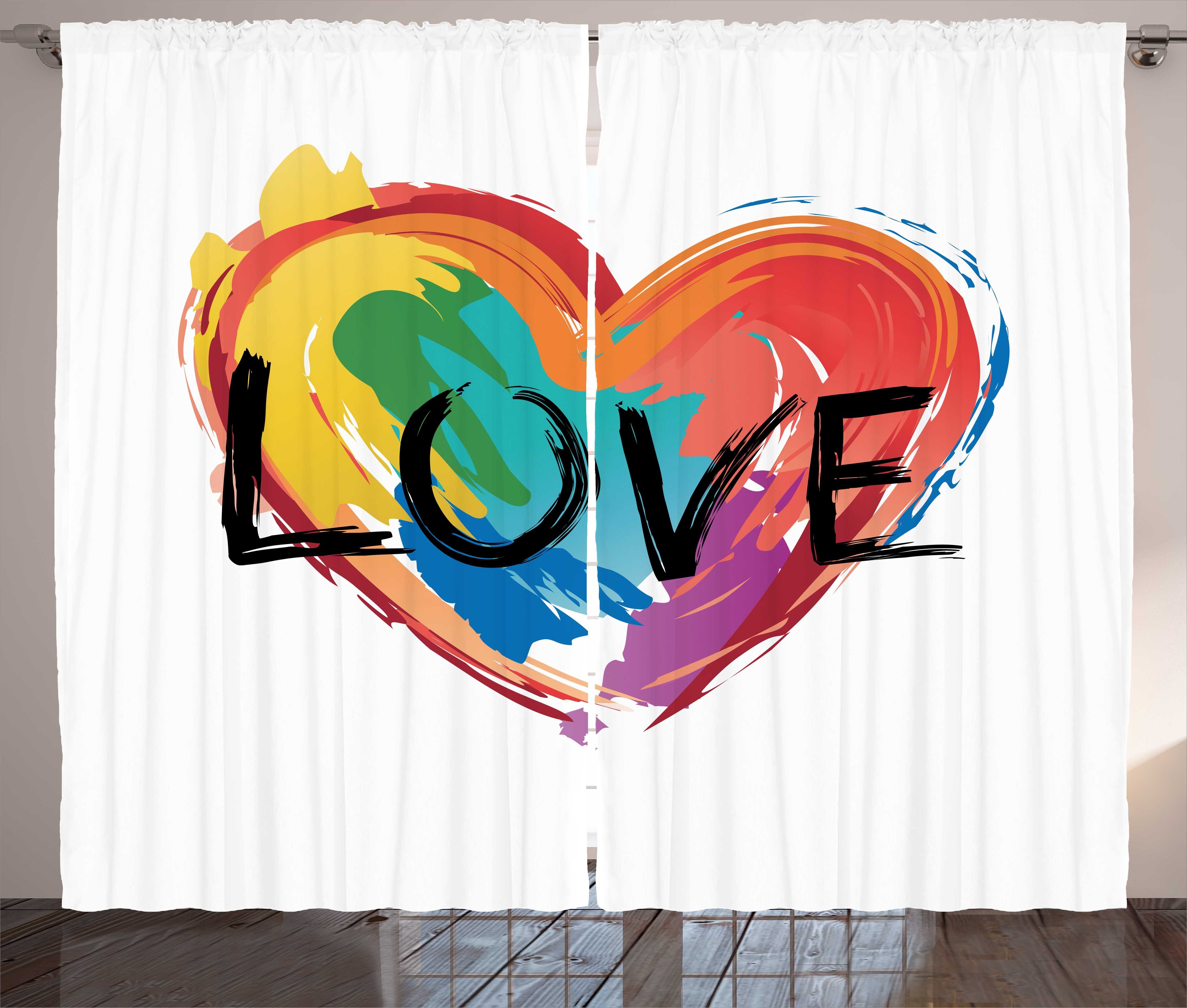 Gardine Schlafzimmer Kräuselband Vorhang mit Schlaufen und Haken, Abakuhaus, Regenbogen Pinsel gemalt Herz LGBT