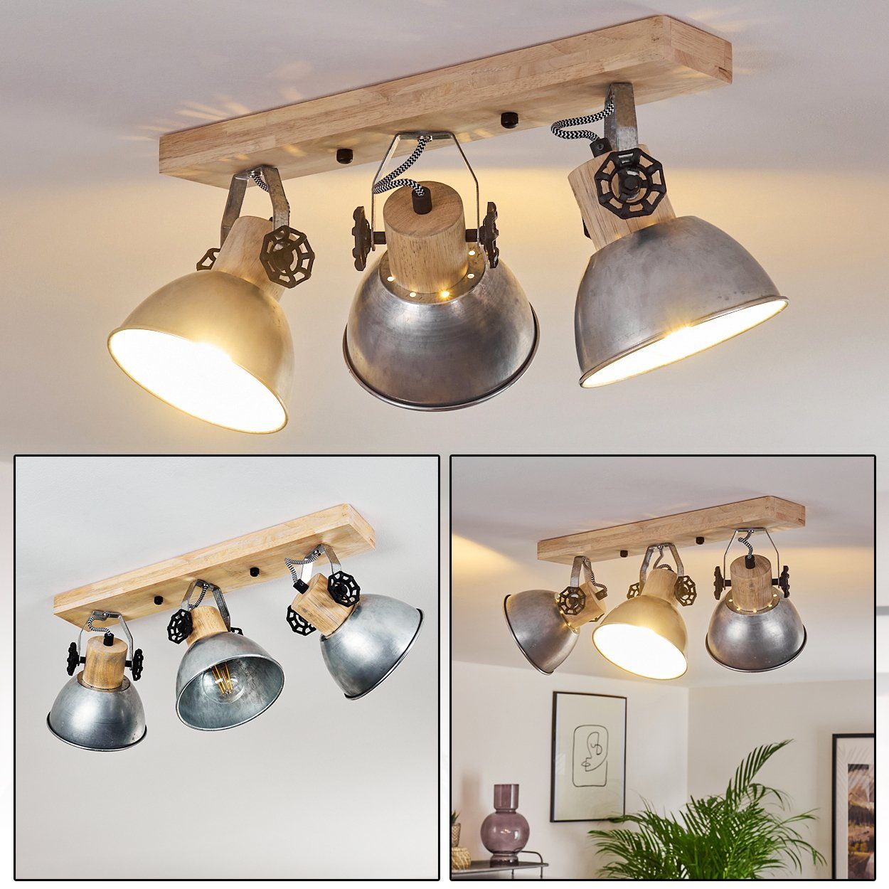 hofstein Deckenleuchte »Cotes« Deckenlampe ohne aus 3xE27, Zink/Braun, Retro/Vintage in im Spot mit Leuchtmittel, Metall/Holz Strahlern, verstellbaren Design