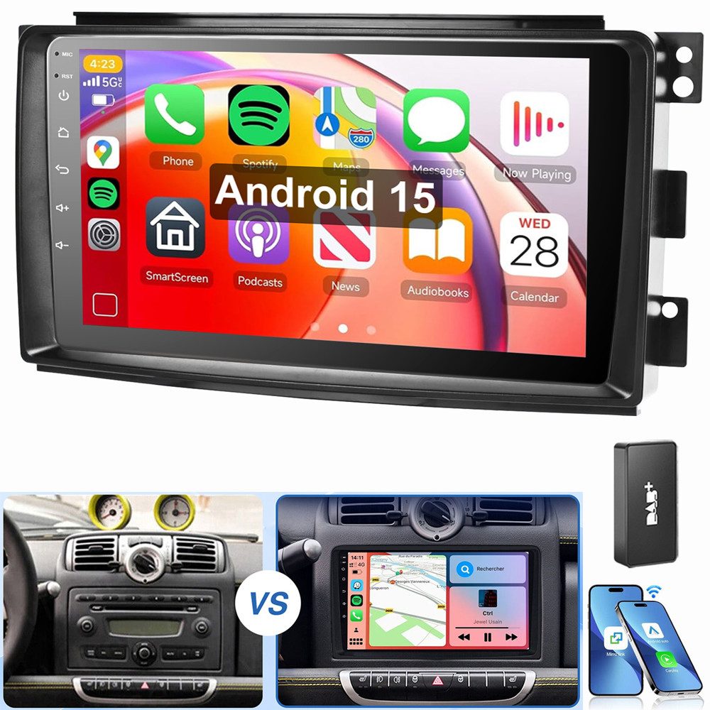 MOPECT Für Smart Fortwo 451 2005-2015 Android 15 NAVI Autoradio (RDS, Digitalradio (DAB), FM, 2 DIN Carplay Bluetooth Navigationsgeräte Rückfahrkamera(optional)
