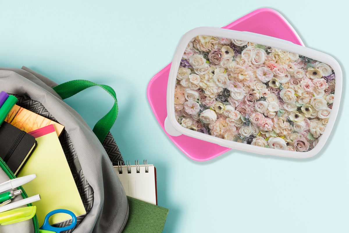 - Kunststoff Lunchbox MuchoWow Snackbox, Kinder, Blumen Brotbox Brotdose für Mädchen, - Pastell, Rosen rosa Erwachsene, Kunststoff, (2-tlg),