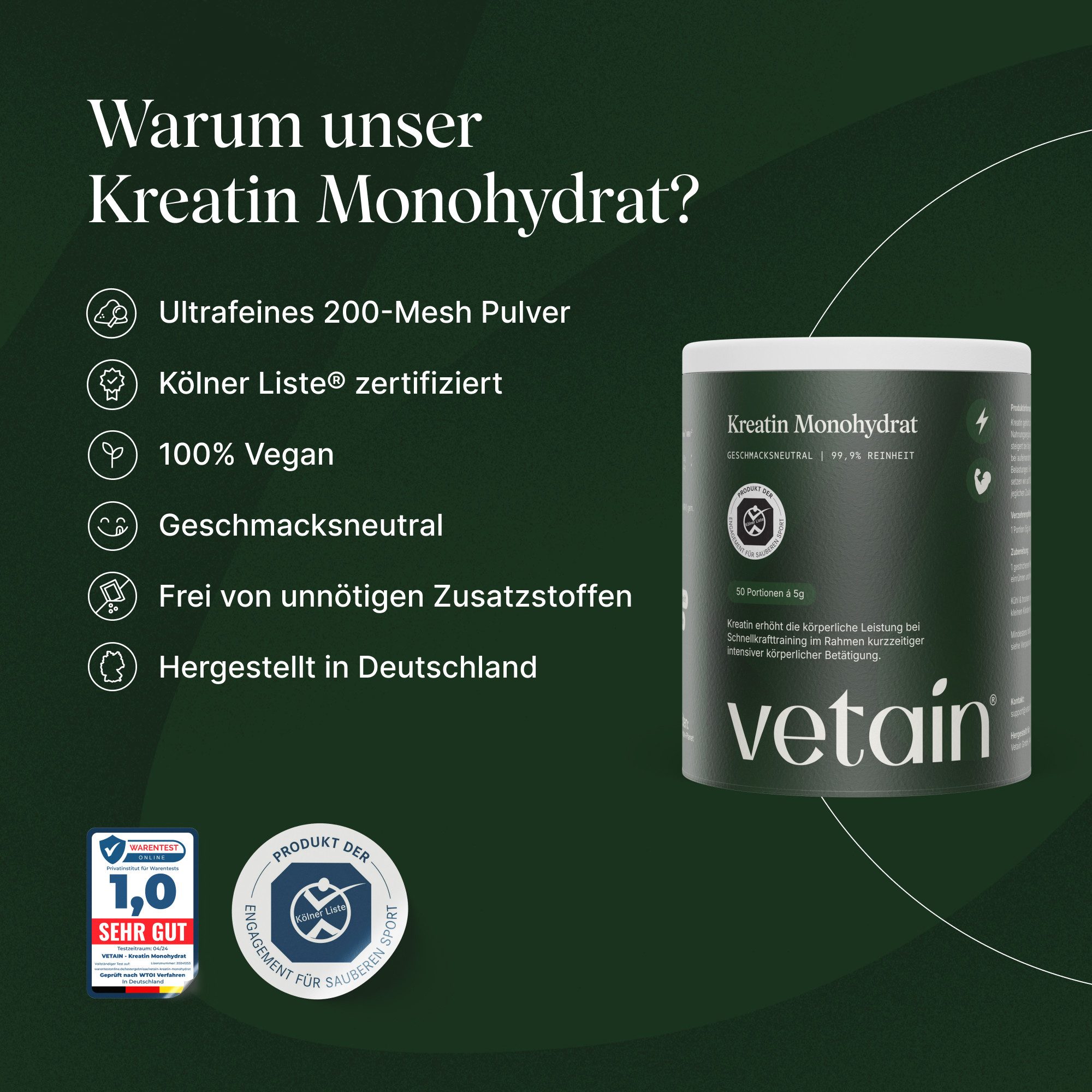 VETAIN Creatin Monohydrat - Ultrafein - hochdosiertes Pulver, - Kreatin Pulver à 750 g, Perfekt löslich