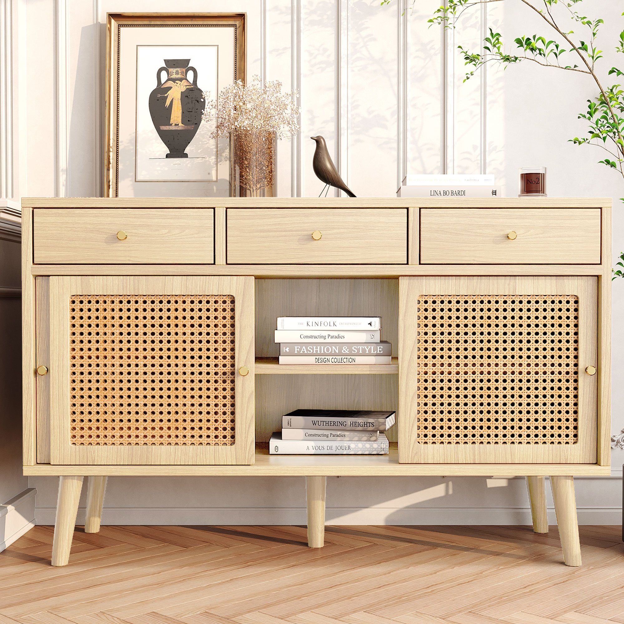 Flieks Kommode mit 3 Schubladen und Schiebetüren aus Rattangeflech (mit verstellbaren Einlegeböden, 1 St., 120x40x78 cm), Mehrzweckschrank Sideboard Eichenfarbe – Bild 4 von 5