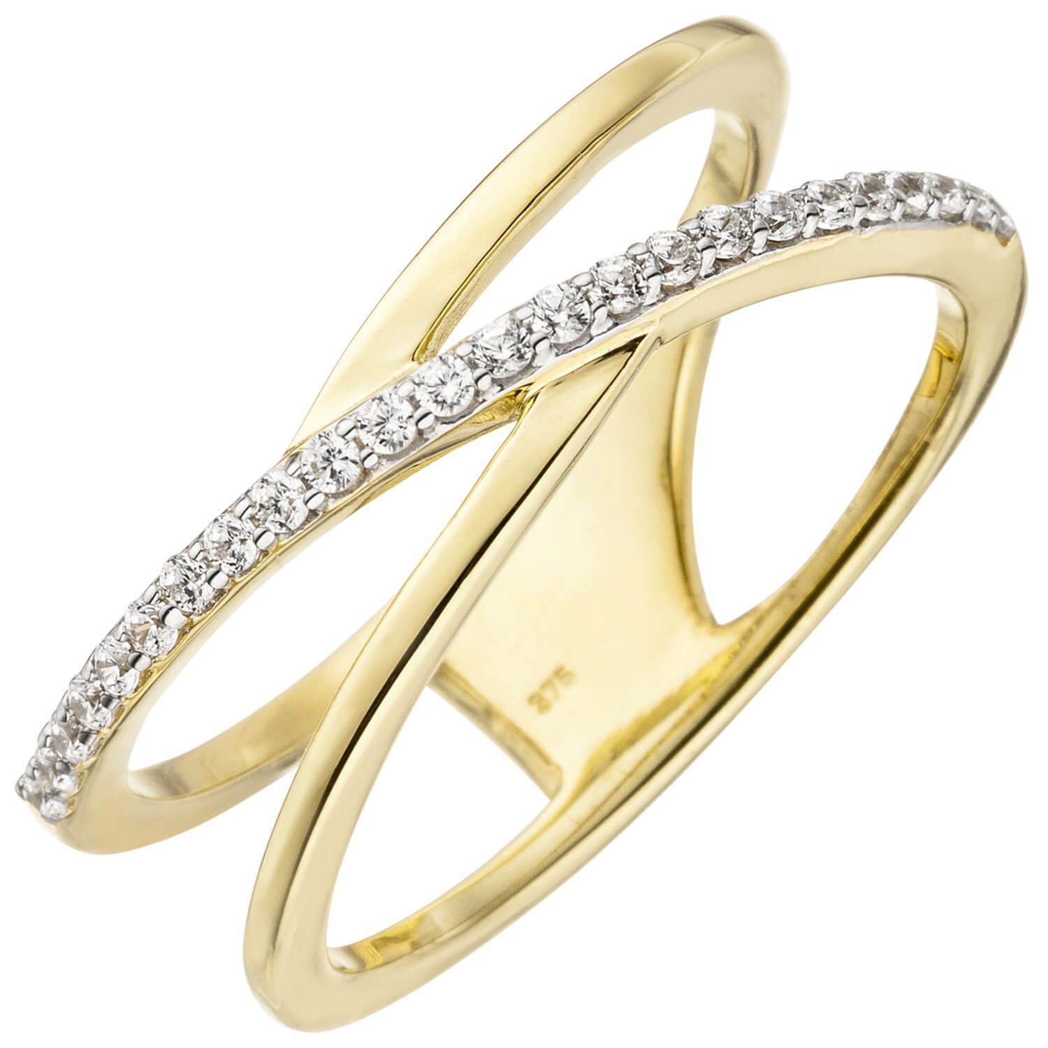 Schmuck Krone Goldring Eleganter Ring 2-reihig Zirkonia und 375 Gelbgold, Gold 375