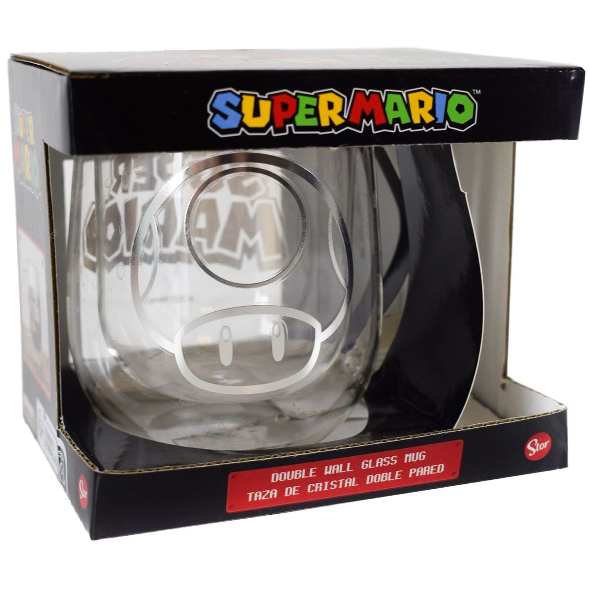Stor Tasse Doppelwand Super Mario Glastasse 290 ml 1-Up-Pilz Motiv mit Henkel, Glas, inkl. Geschenkkarton