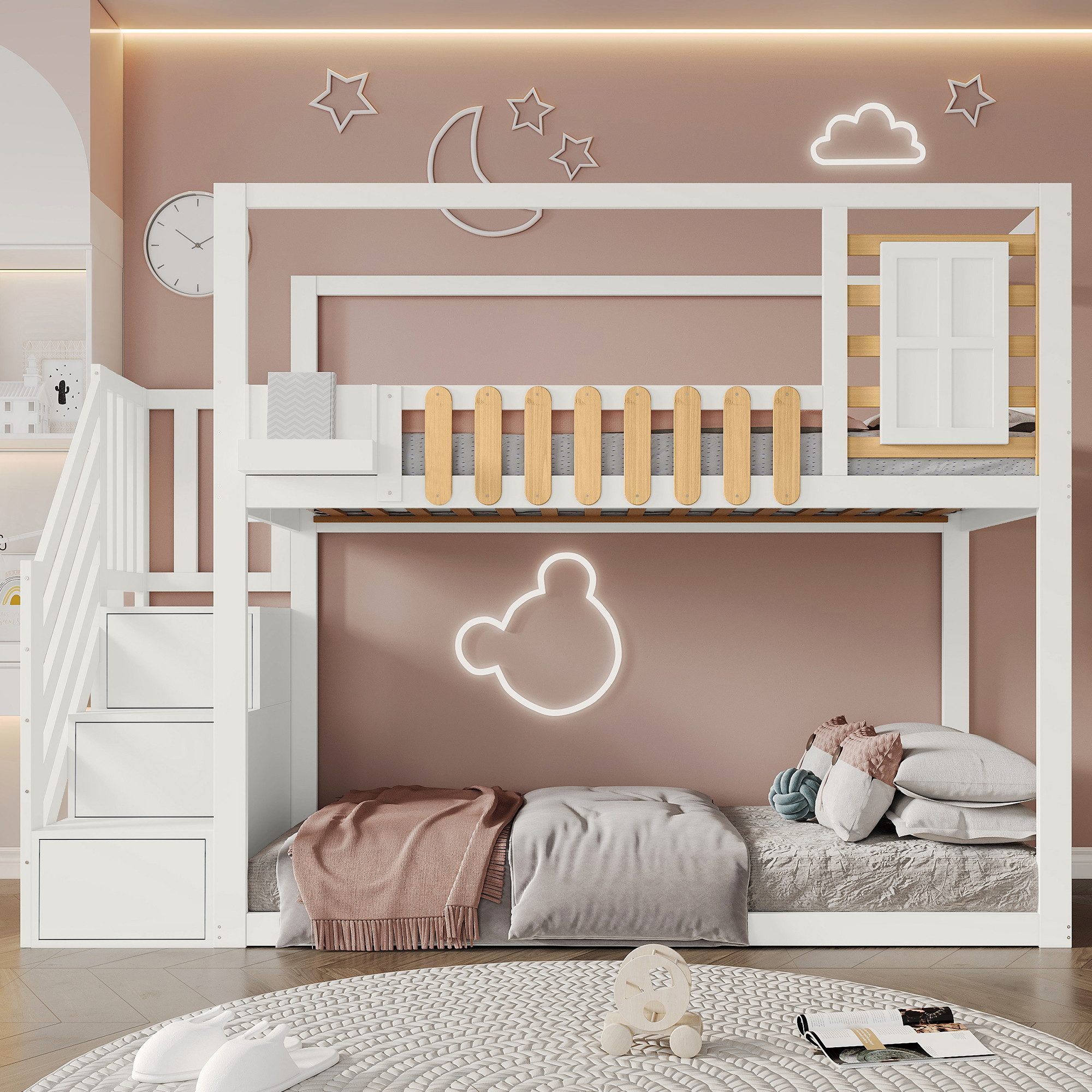 Merax Etagenbett (mit 3 Schließfächer in der Treppe, 1-St., Jugendbett Stockbett Kieferholzbett), Kinderbett 90x200cm mit Fenster Regal Stauraumtreppe & Schließfächern