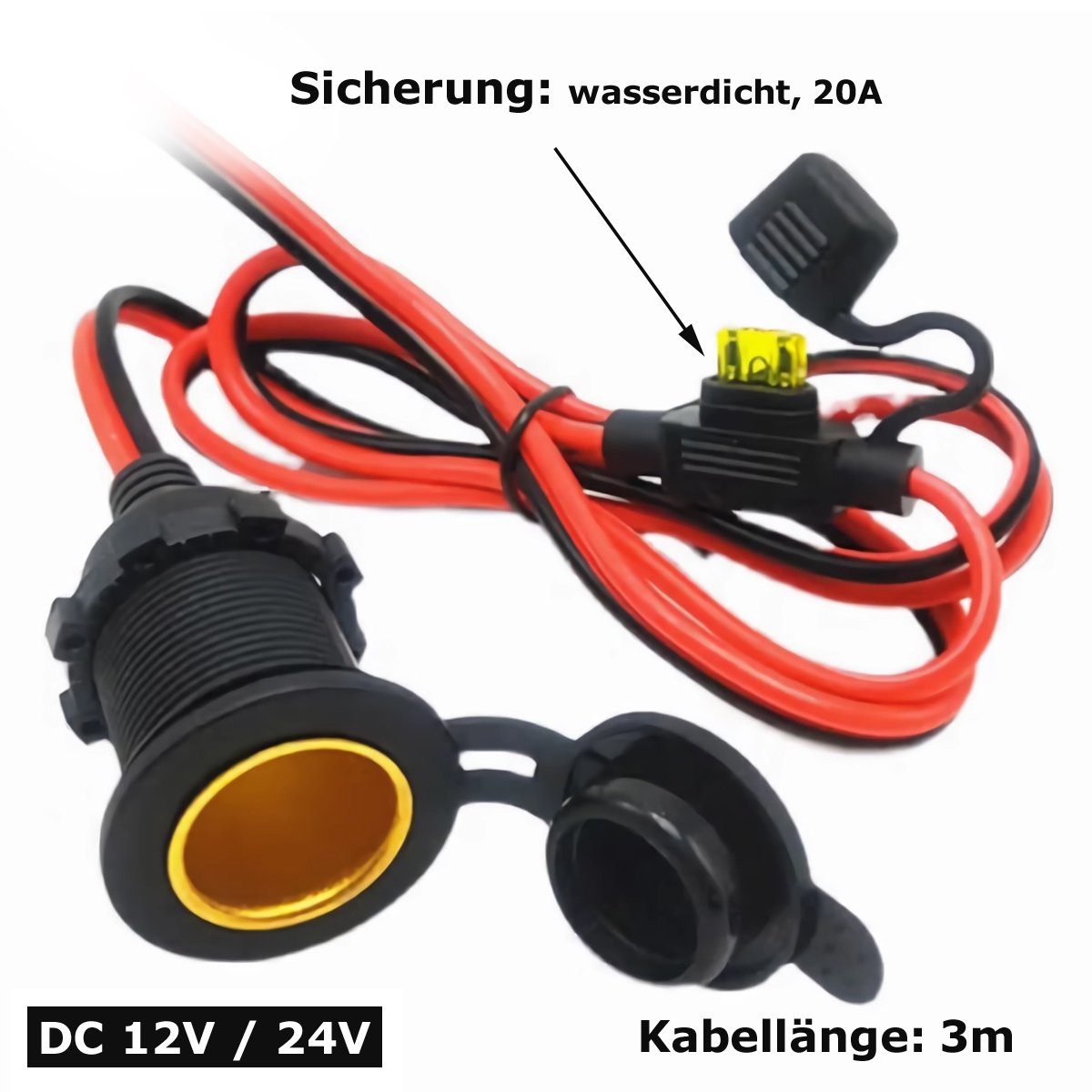 Bolwins O46C 3m Wasserdicht Steckdose KFZ Zigarettenanzünder Kabel + Sicherung Autoladekabel, Zigarettenanzünder-Stecker, Zigarettenanzünder-Buchse (300 cm), Wa – Bild 5 von 5