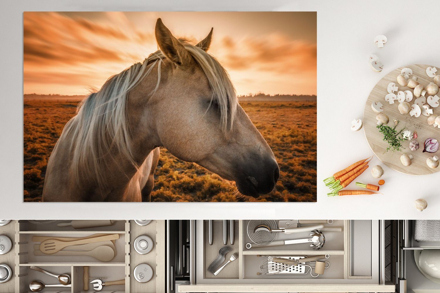 MuchoWow Herdblende-/Abdeckplatte Pferd - Tiere die tlg), 80x52 für (1 Porträt, cm, - Vinyl, Induktionskochfeld Ceranfeldabdeckung Schutz küche