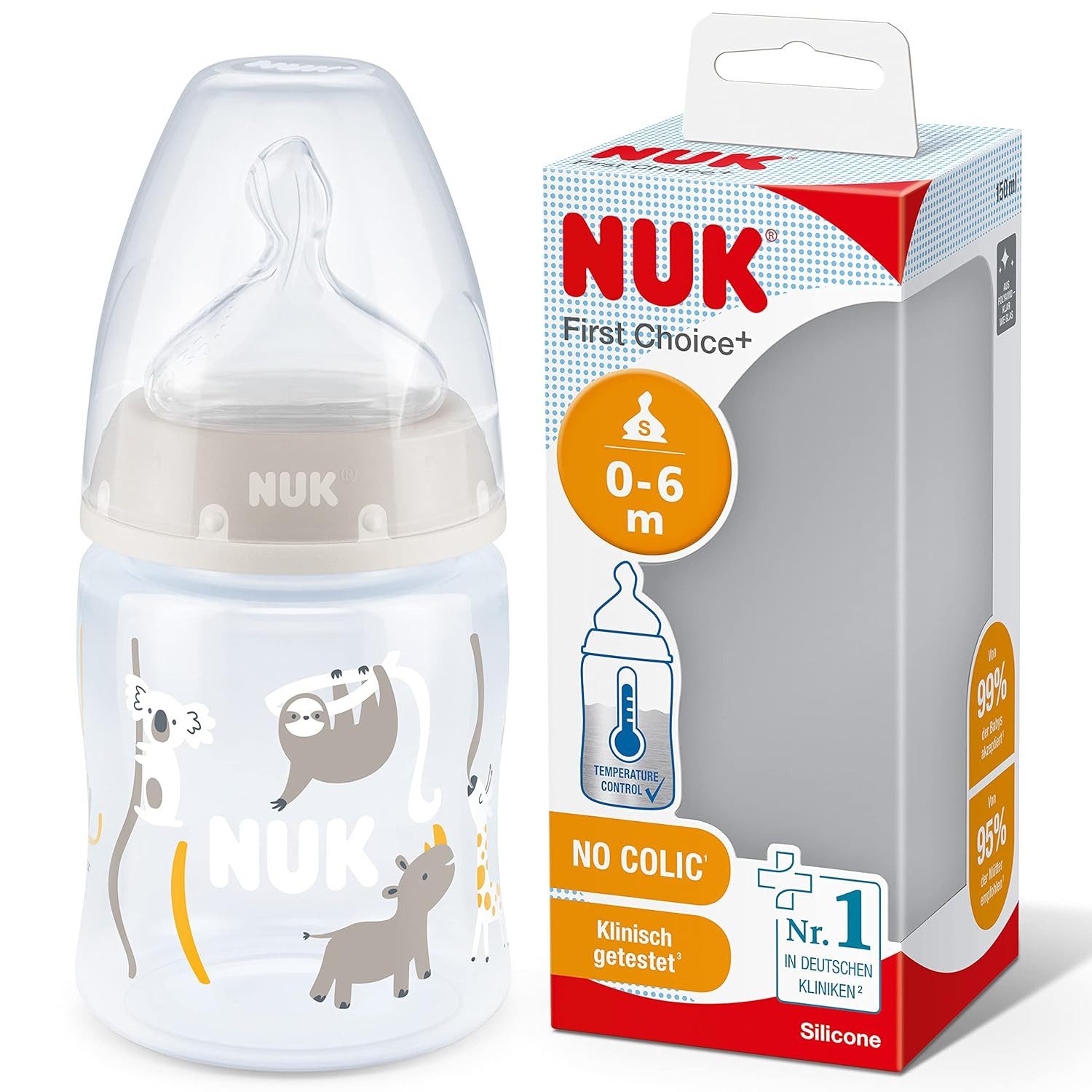 NUK Trinkflasche NUK First Choice+ Flasche 150ml – Safari Design, Gr.1 Silikon, Safari Design