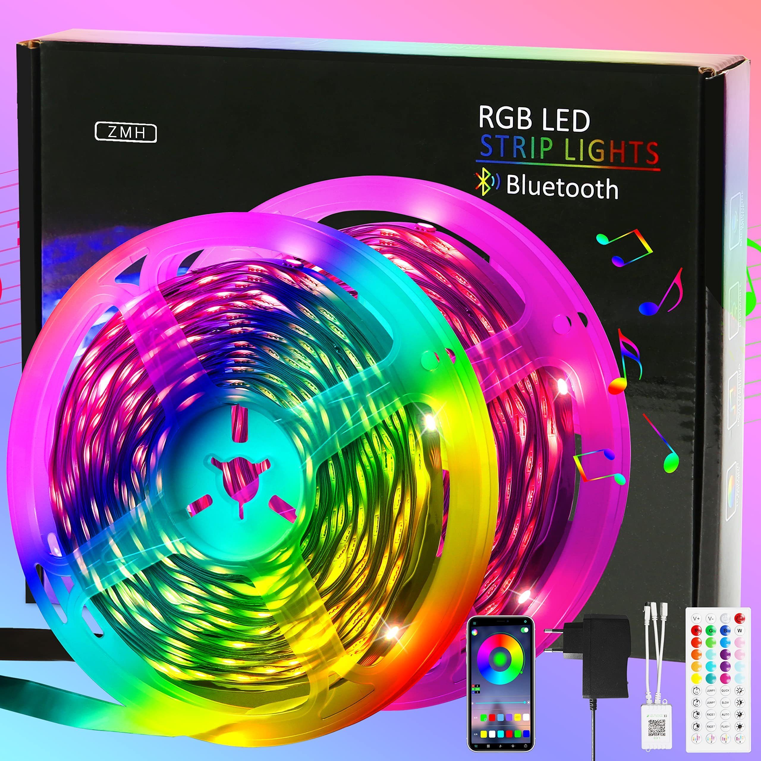 ZMH LED-Streifen RGB einstellbar mit Fernbedienung App LED-Streifen, 2-flammig, 1x 30M, Music Sync
