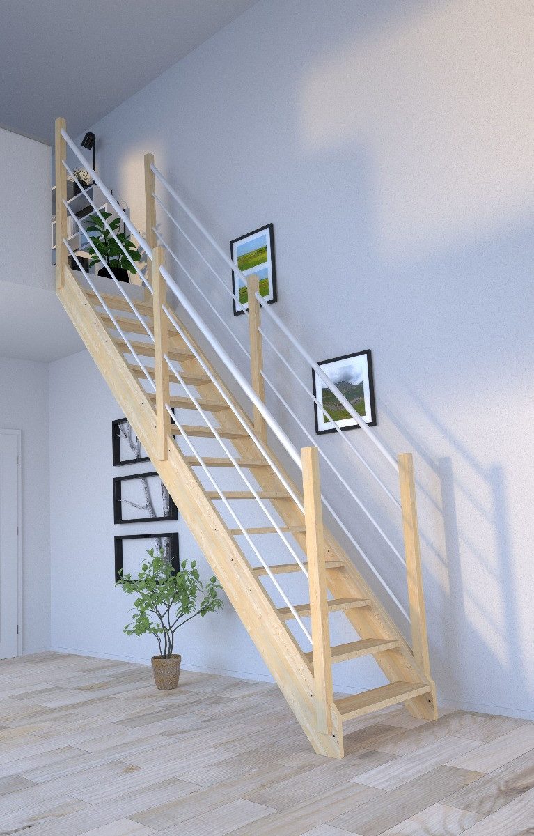 Starwood Raumspartreppe Holztreppe Korfu gerade-Holz-Edelstahl Geländer weiß-beidseitig-ohne
