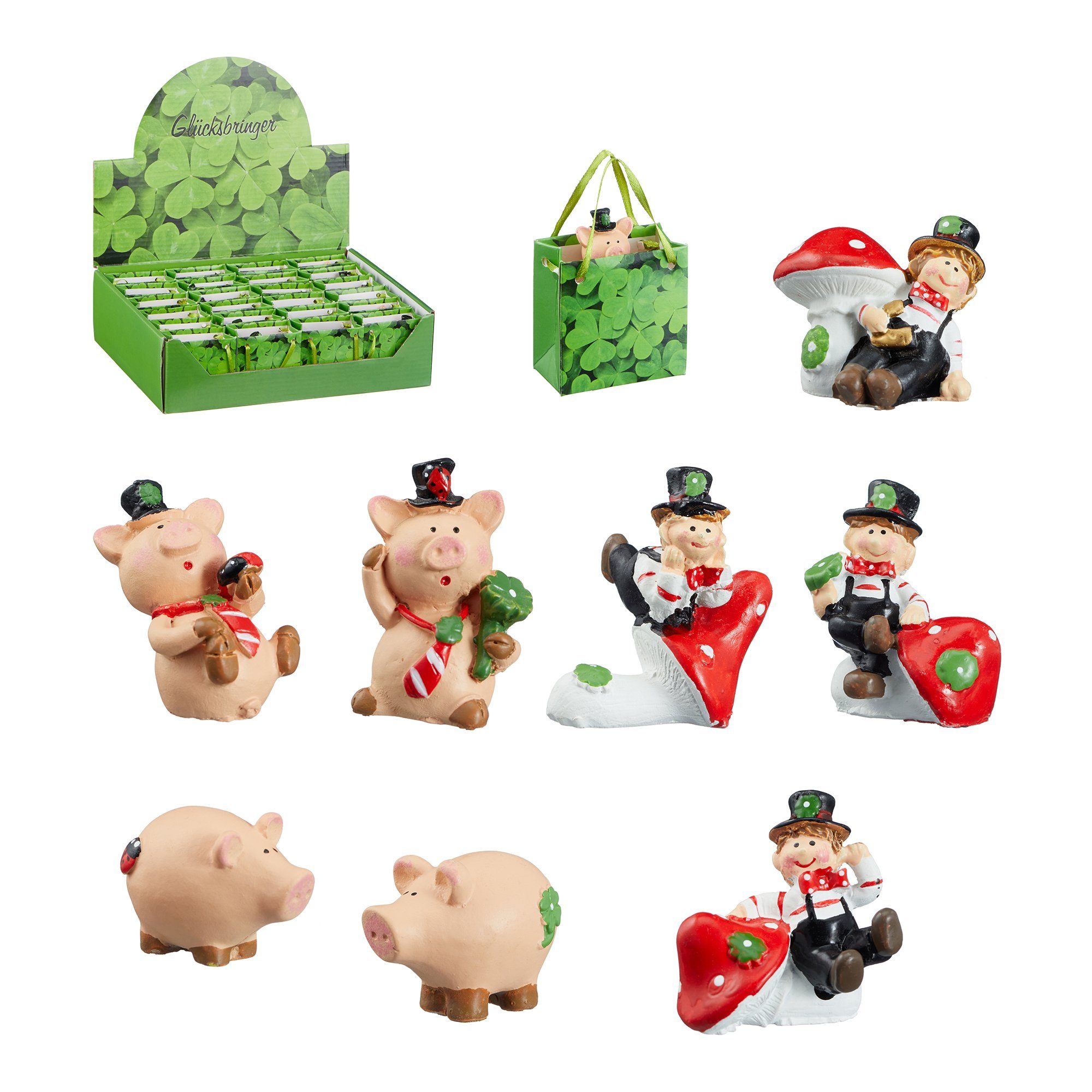 Annastore Dekofigur 24 x Glücksbringer in kleiner Papiertüte Neujahr Glücksschwein, Kaminkehrer, Silvester