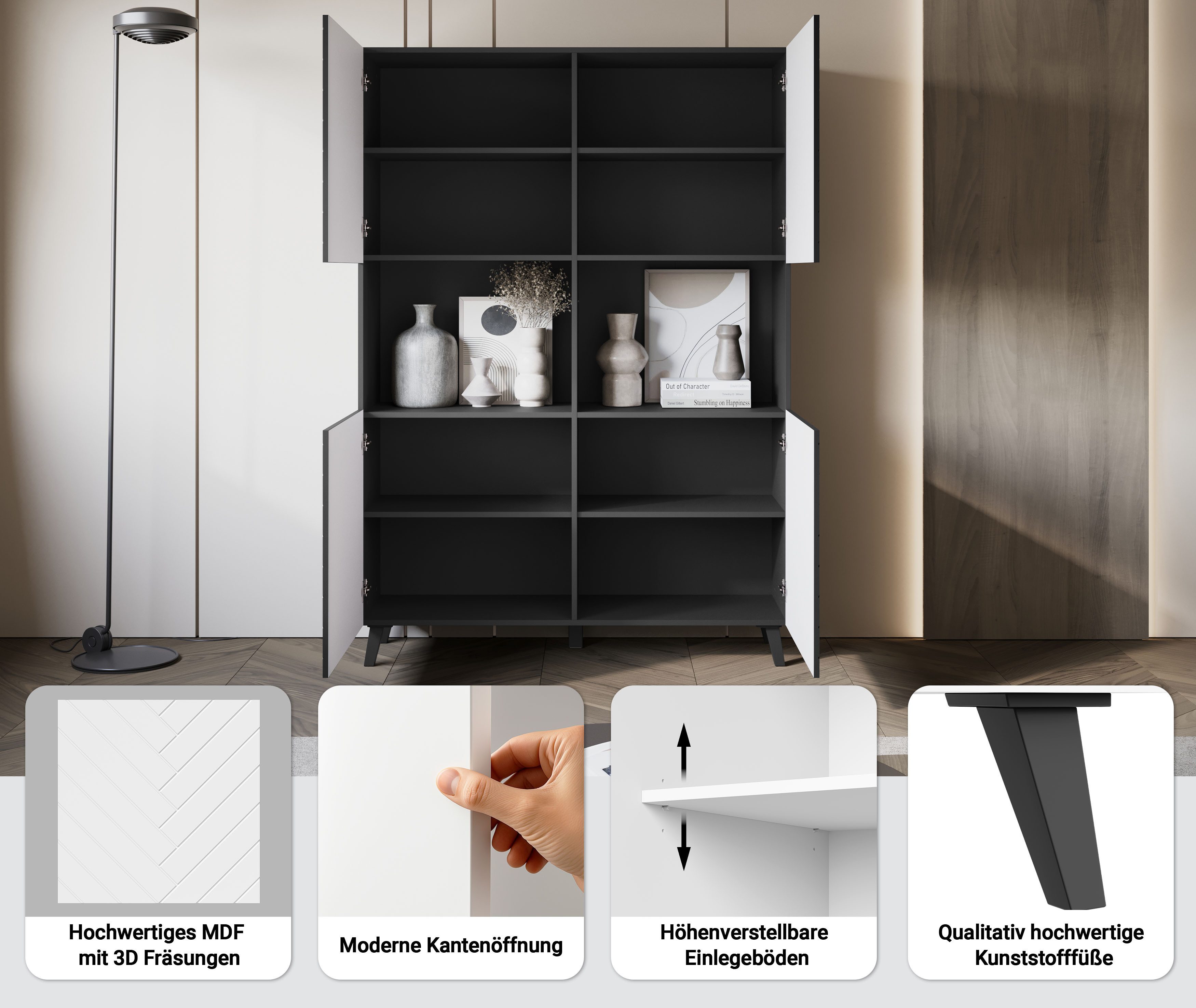 Home affaire Highboard Phuket, Front MDF, Moderne Hochkommode ohne Griffe mit 10 Fächern, Breite 120 cm
