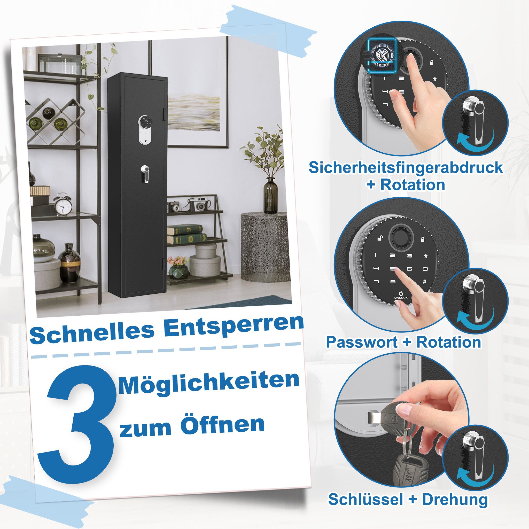 FIVMEN Waffenschrank Wandtresor Möbeltresor Safe Tresor mit Schloss 2 Schlüsseln, und Befestigungsmaterial