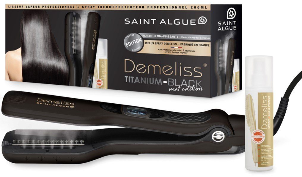 Aluminiumplatten, Demeliss DEMELISS Glätteisen Algue Liss&Protect Demeliss 200ml Titanium Edition matt Black titanbeschichtete Saint Inklusive SPRAY