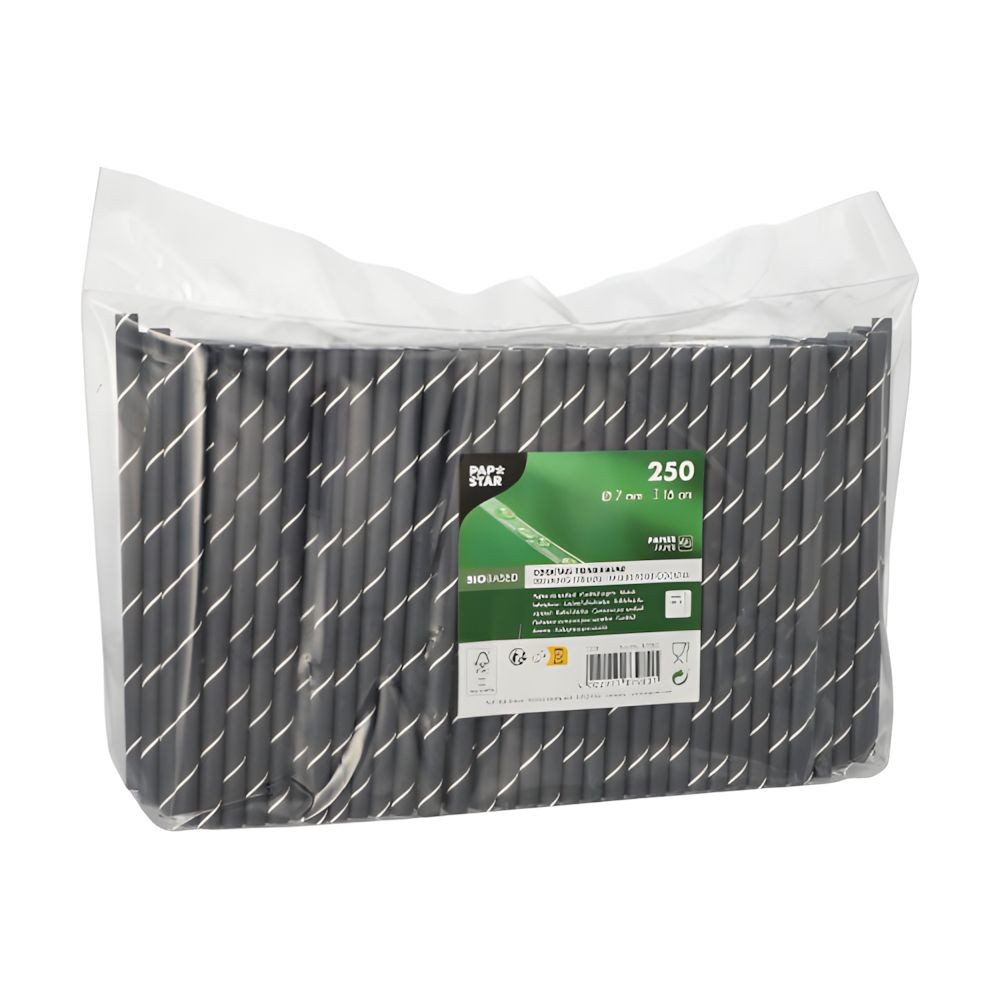 PAPSTAR Trinkhalme 250 x Cocktail Trinkhalme, Papier Ø 7 mm, 15 cm schwarz/weiss Stripes