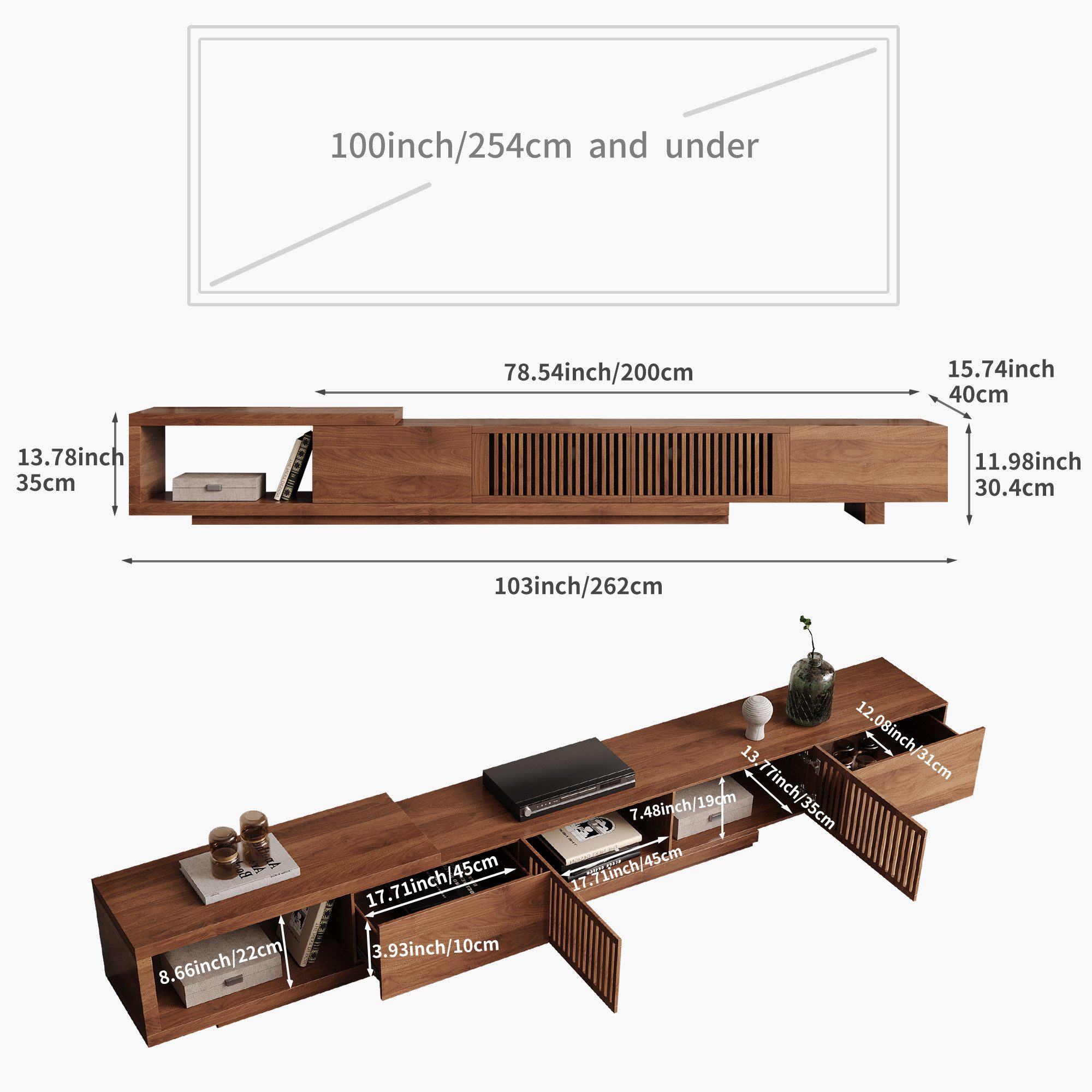 oleyluckidea TV-Schrank Mid-Century TV-Lowboard ausziehbar, Walnuss, für 80"+ TV (Set) Breite 198 cm bis 262 cm