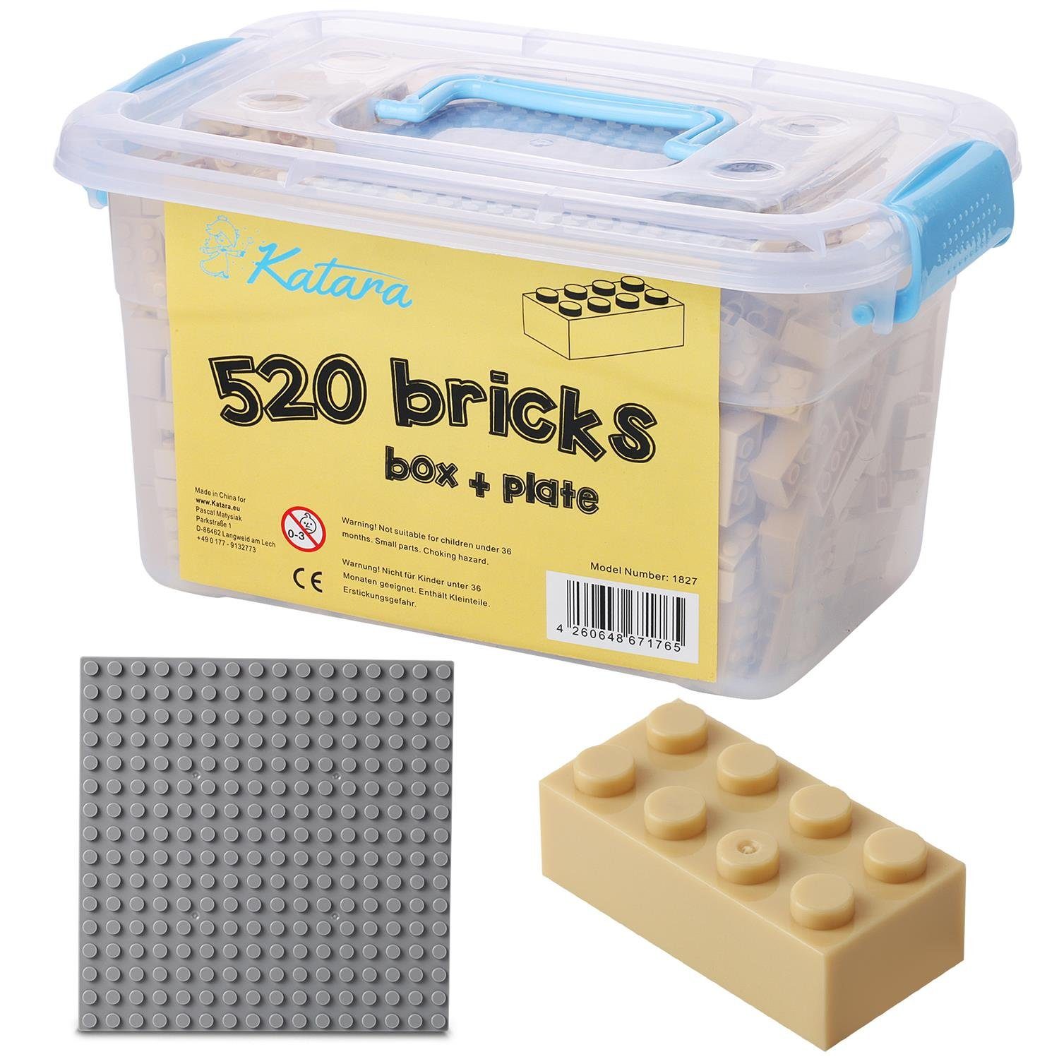 Katara Konstruktionsspielsteine Bausteine Box-Set mit 520 Steinen + Platte + Box, (3er Set), Kompatibel zu allen Anderen Herstellern - verschiedene Farben beige