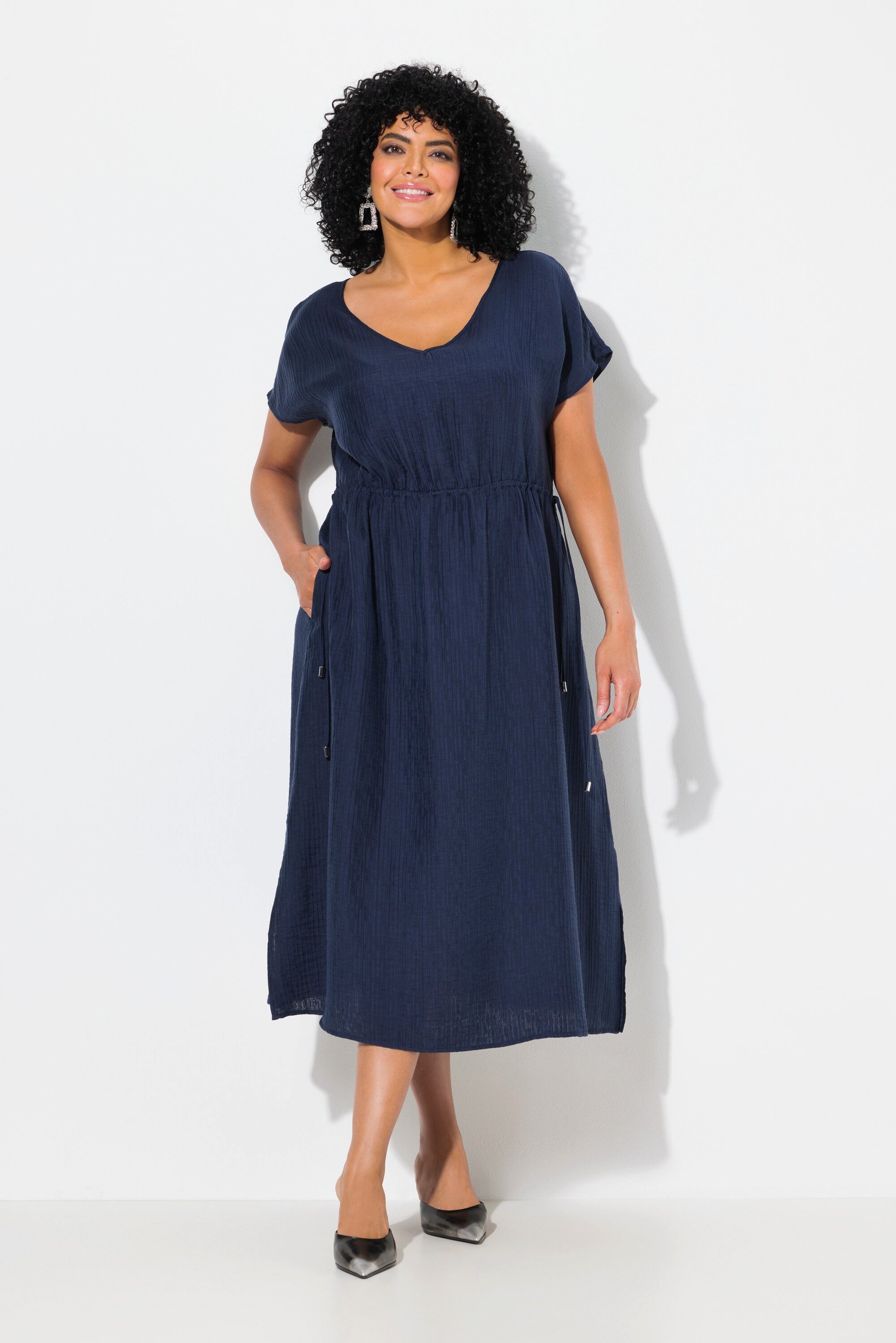 Ulla Popken Maxikleid Maxikleid Tunnelzug V-Ausschnitt günstig online kaufen