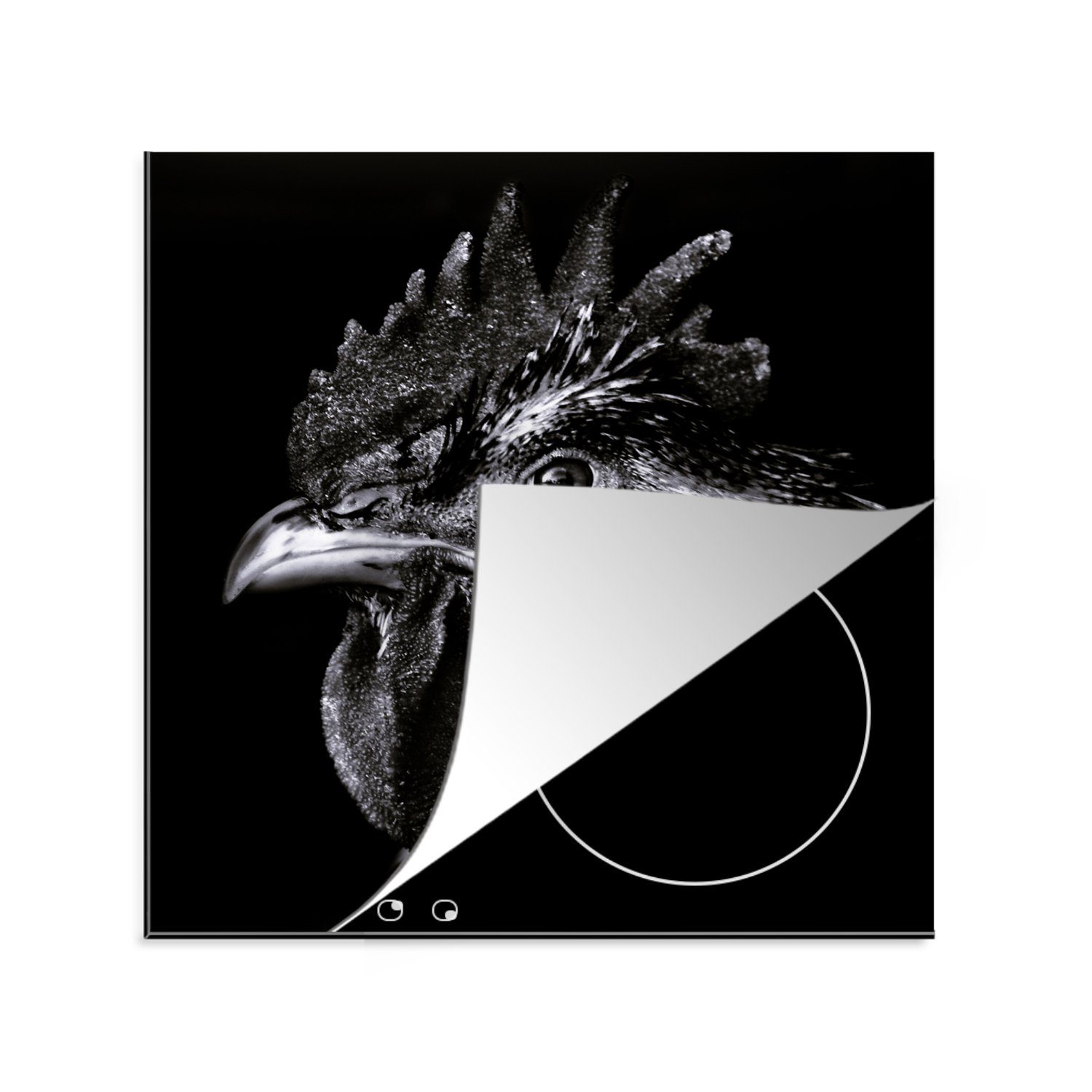 MuchoWow Herdblende-/Abdeckplatte Hahn - Vogel - Schwarz - Weiß, Vinyl, (1 tlg), 78x78 cm, Ceranfeldabdeckung, Arbeitsplatte für küche