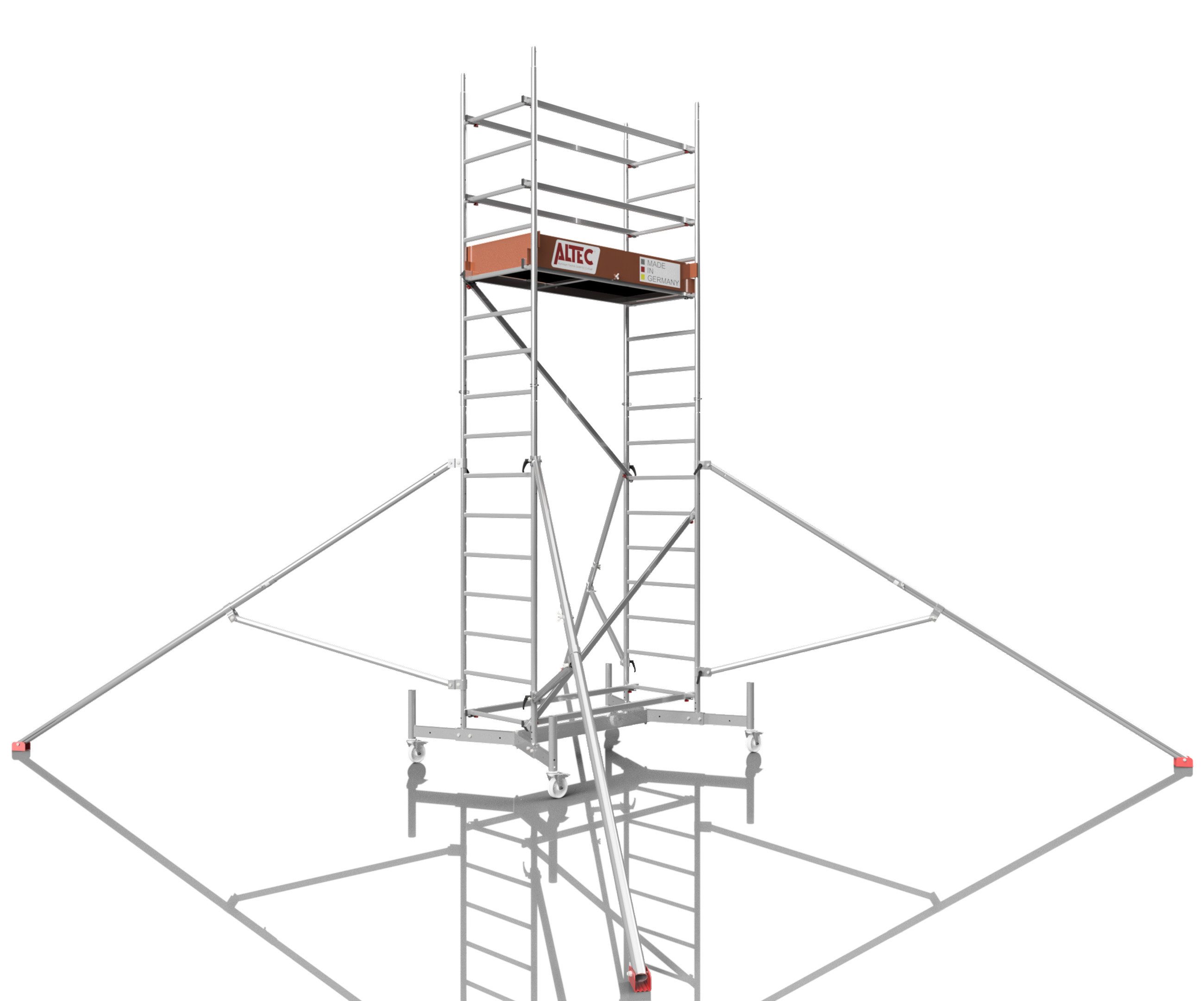 ALTEC Aluminium Fahrgerüst Rollfix 1.0, Ø125mm Rollen, teleskopierbare Traverse, Dreieckausleger, maximale Arbeitshöhe 10 Meter