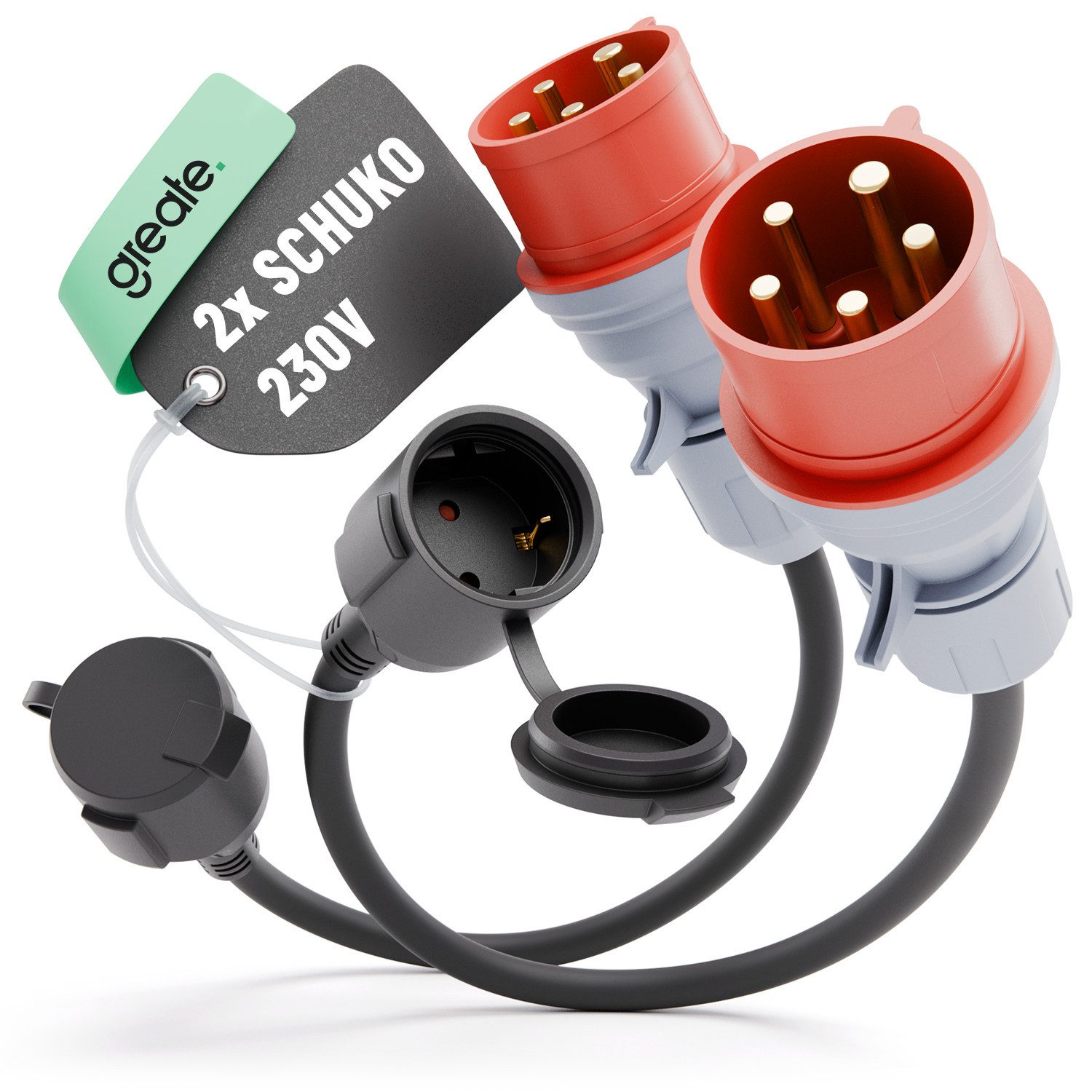greate. 2x CEE Adapter 16A auf Schuko Kupplung - Adapter Starkstrom auf 230V CEE-Adapterkabel CEE zu Schuko, 50 cm, Schutzklasse IP44 spritzwassergeschützt